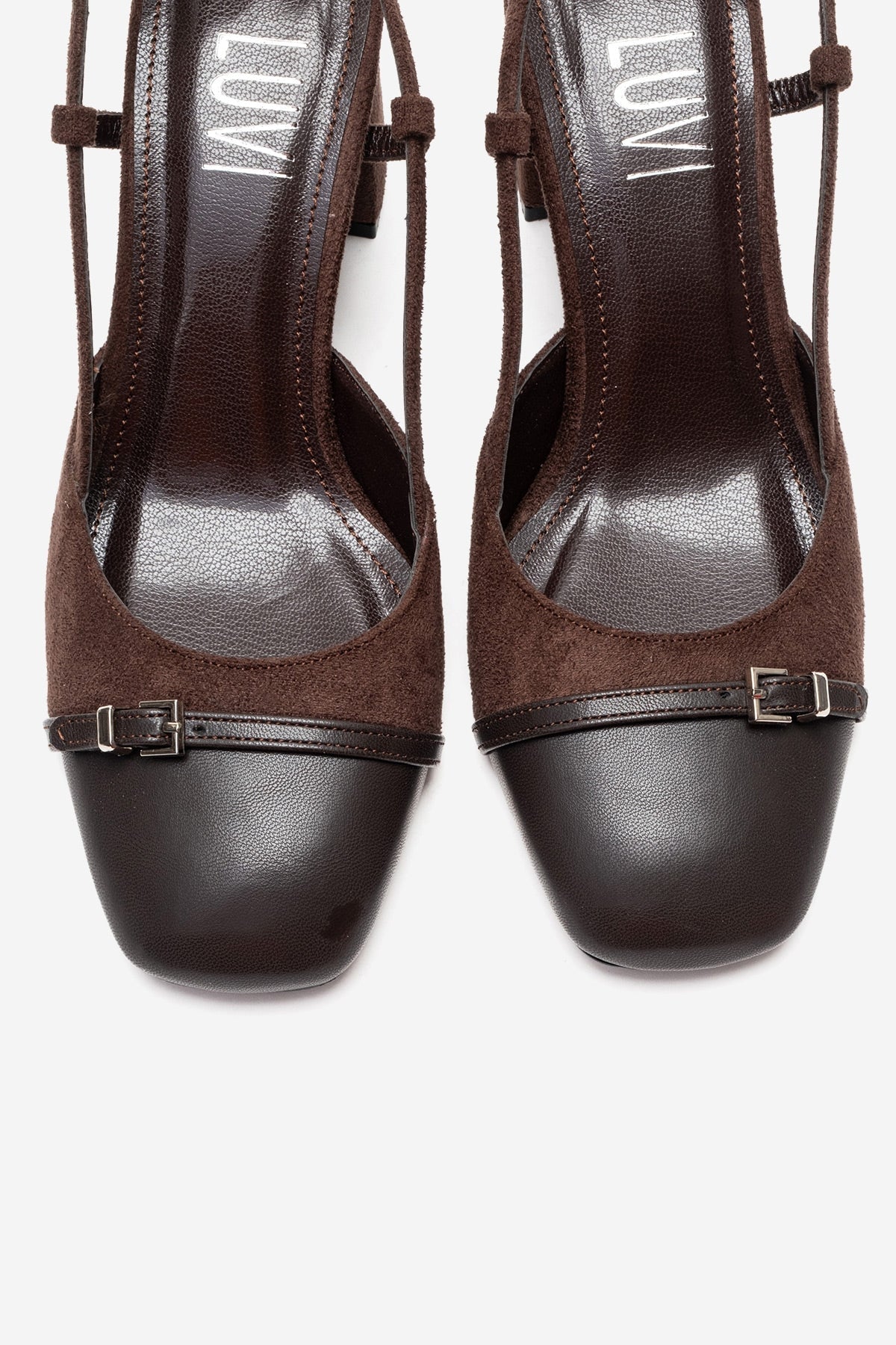 DESIA - Brown Block Heel Shoe – side view showing leather, suede, red, SimmiUnique