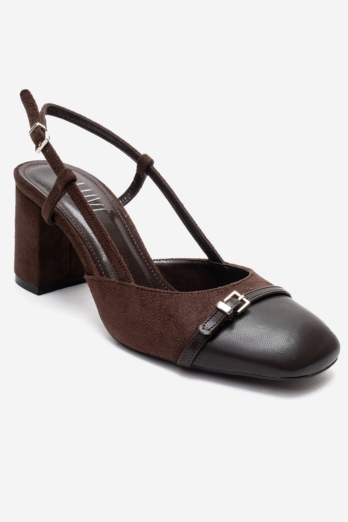 DESIA - Brown Block Heel Shoe – detail view showing leather, suede, red, SimmiUnique