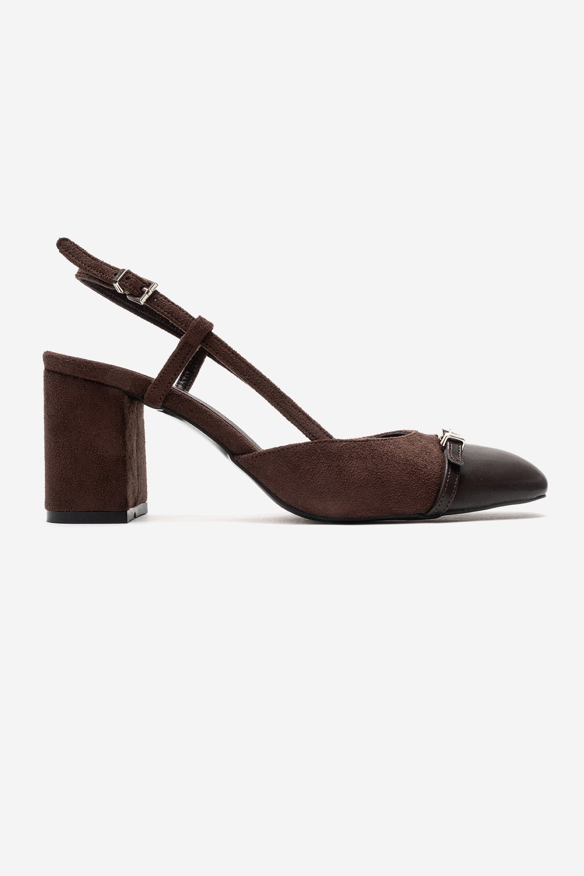 DESIA - Brown Block Heel Shoe – heel view showing leather, suede, red, SimmiUnique