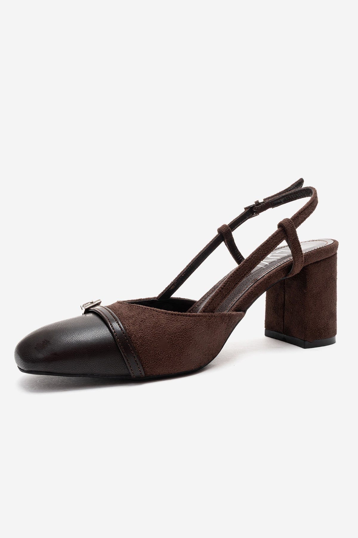 DESIA - Brown Block Heel Shoe – top view showing leather, suede, red, SimmiUnique