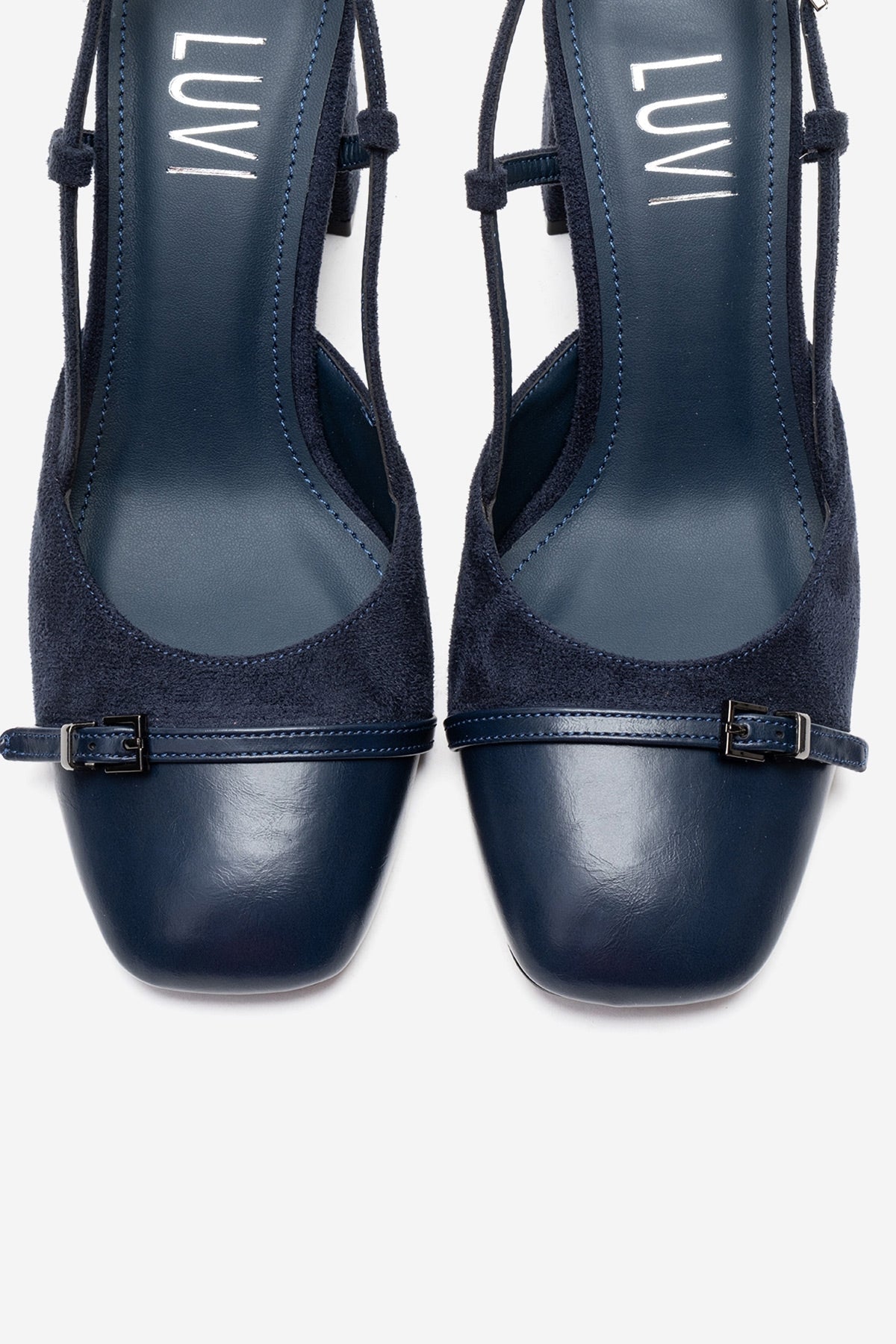 DESIA - Navy Block Heel Shoe – side view showing leather, suede, SimmiUnique