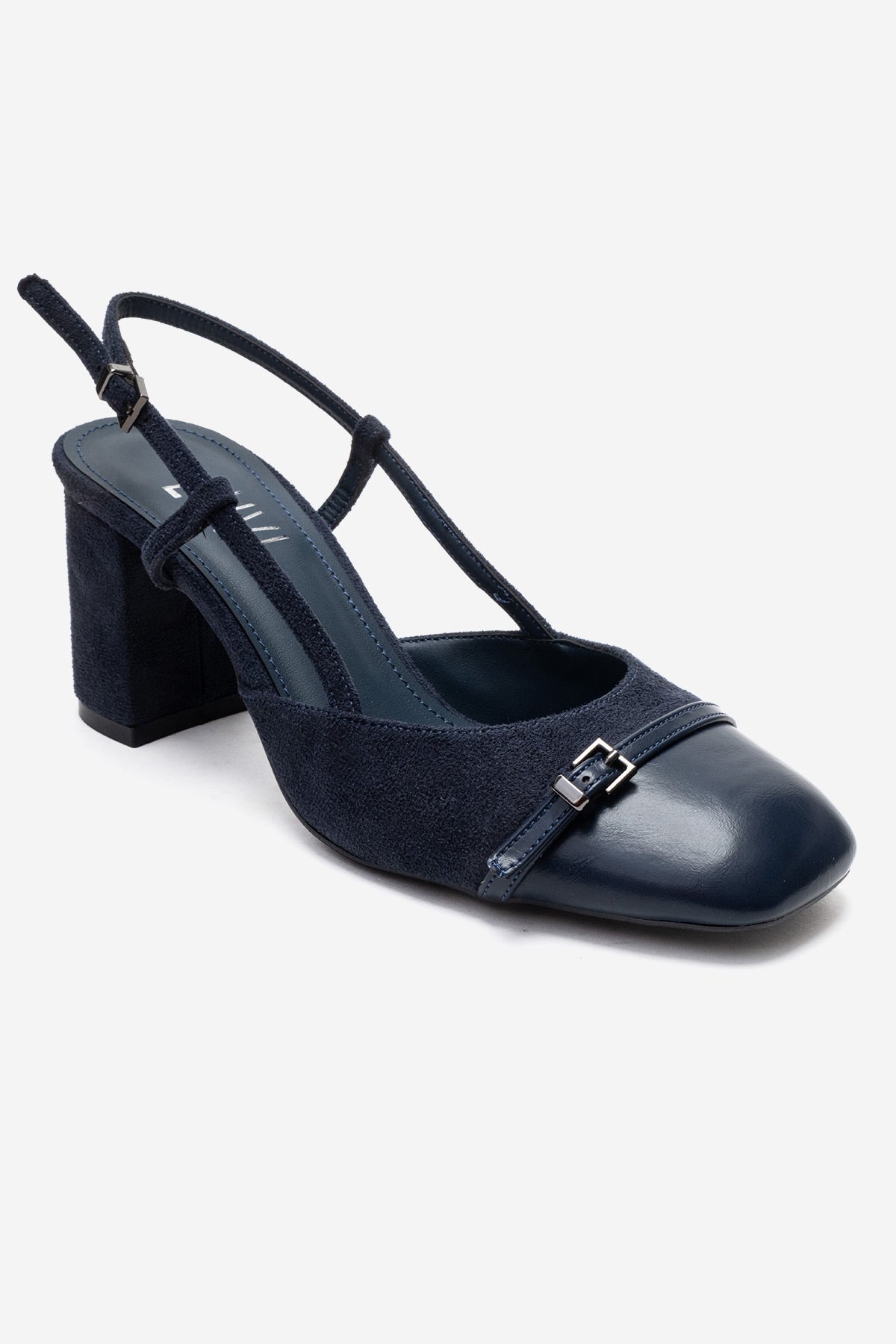 DESIA - Navy Block Heel Shoe – detail view showing leather, suede, SimmiUnique