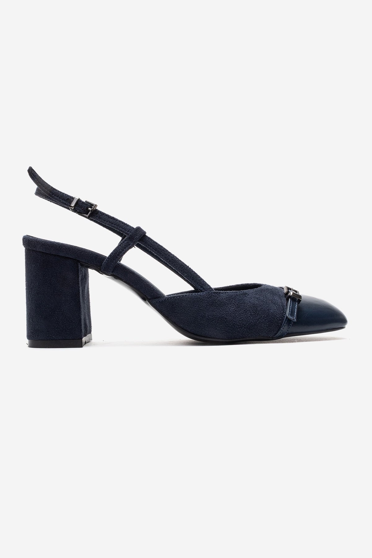 DESIA - Navy Block Heel Shoe – heel view showing leather, suede, SimmiUnique