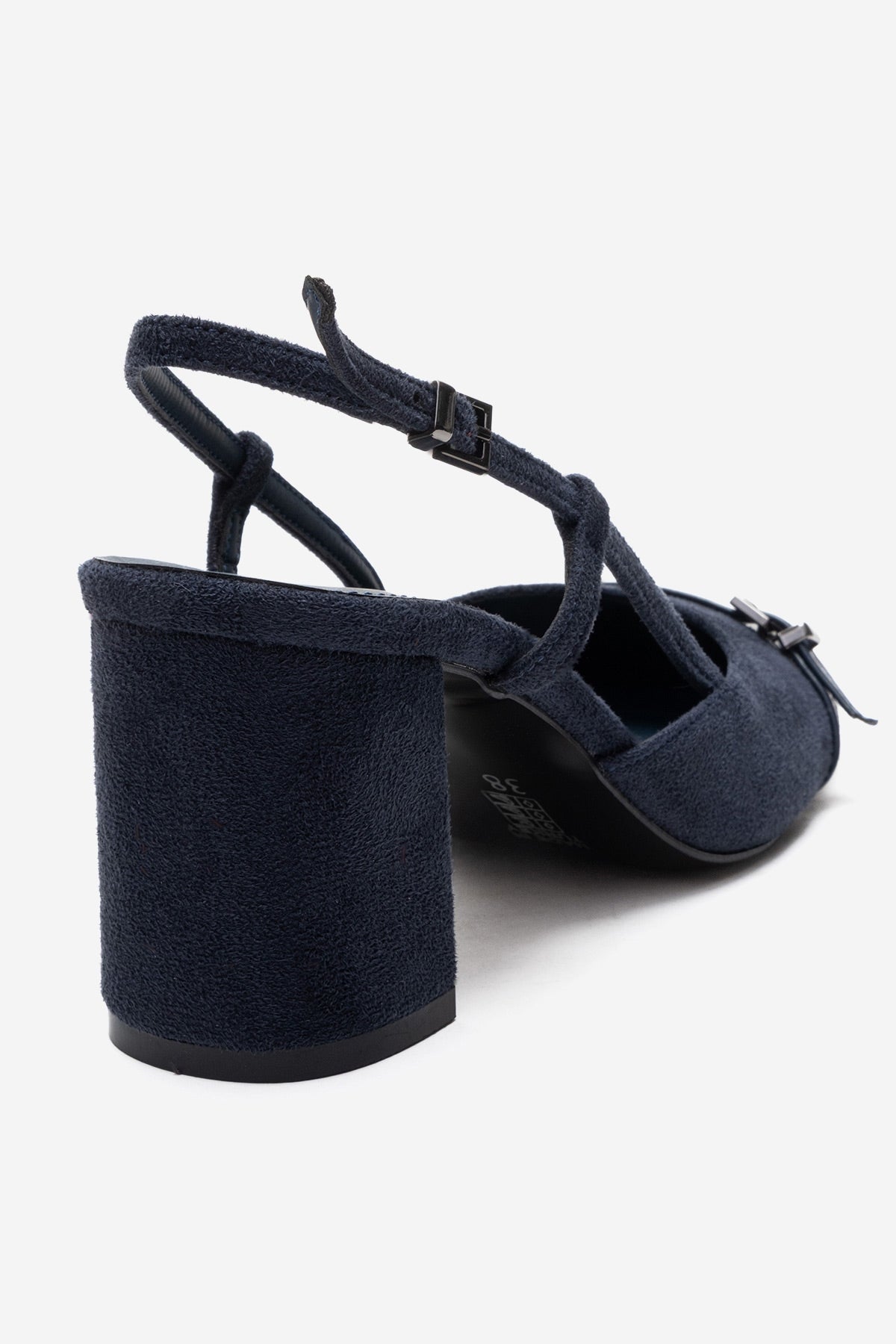 DESIA - Navy Block Heel Shoe – back view showing leather, suede, SimmiUnique