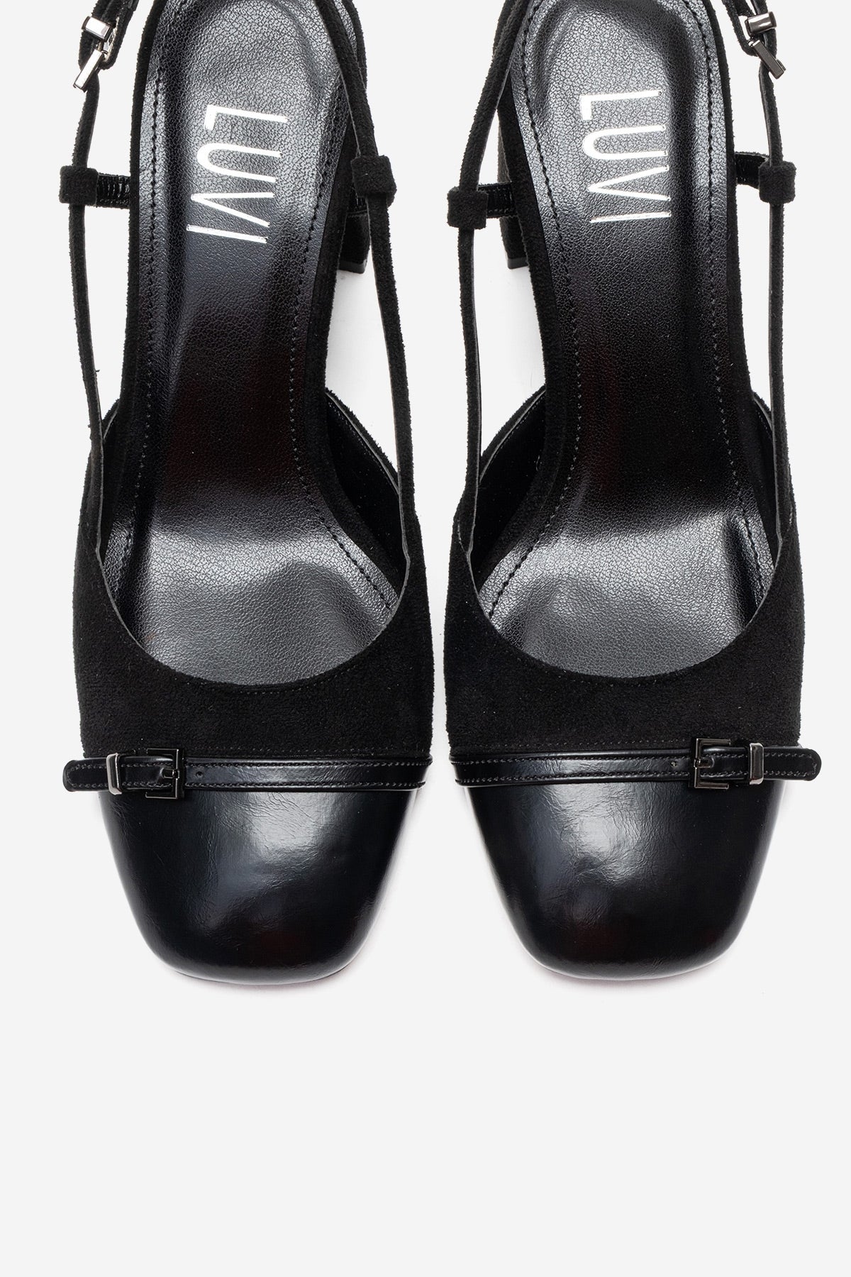 DESIA - Black Block Heel Shoe – side view showing leather, suede, black, SimmiUnique