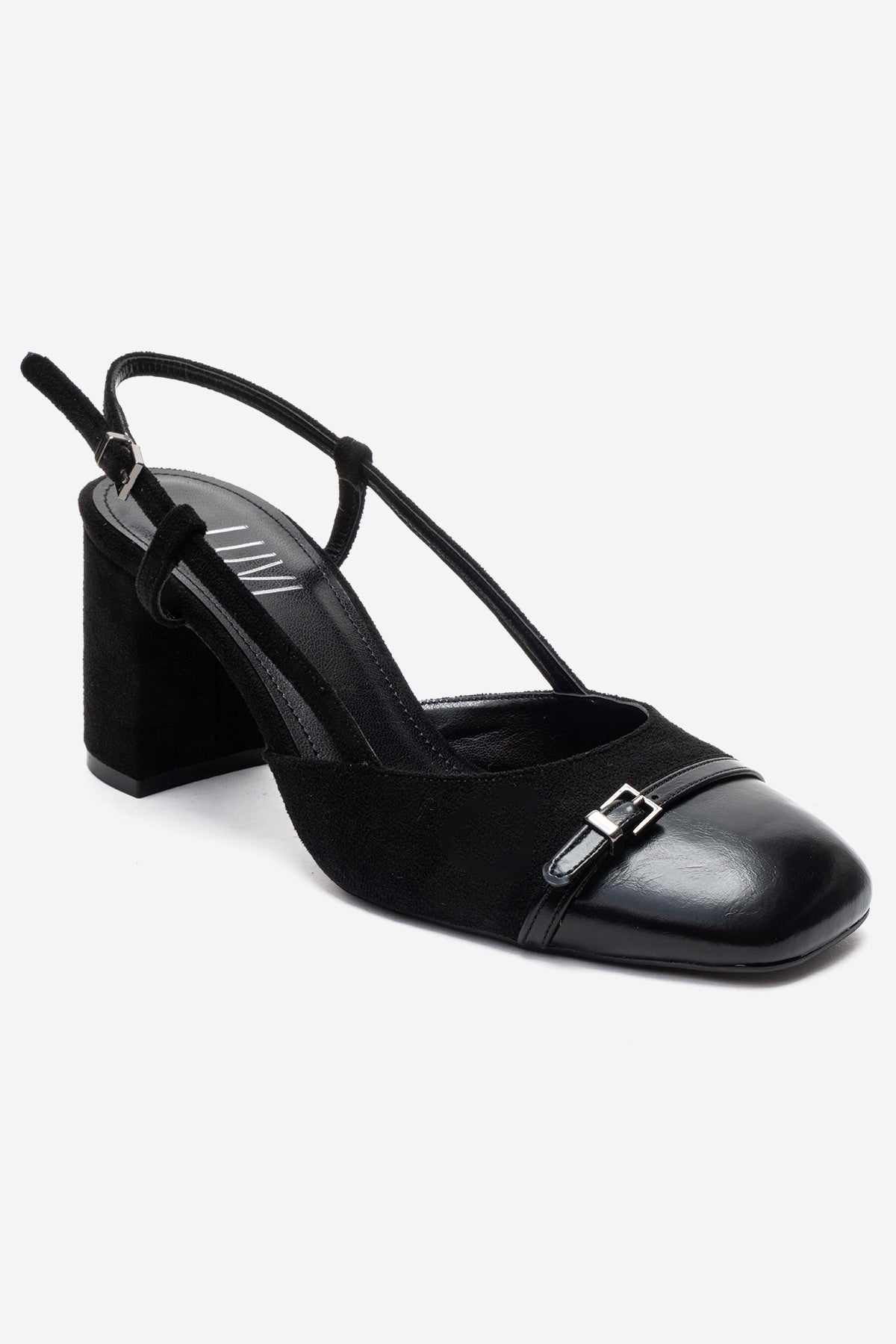 DESIA - Black Block Heel Shoe – detail view showing leather, suede, black, SimmiUnique