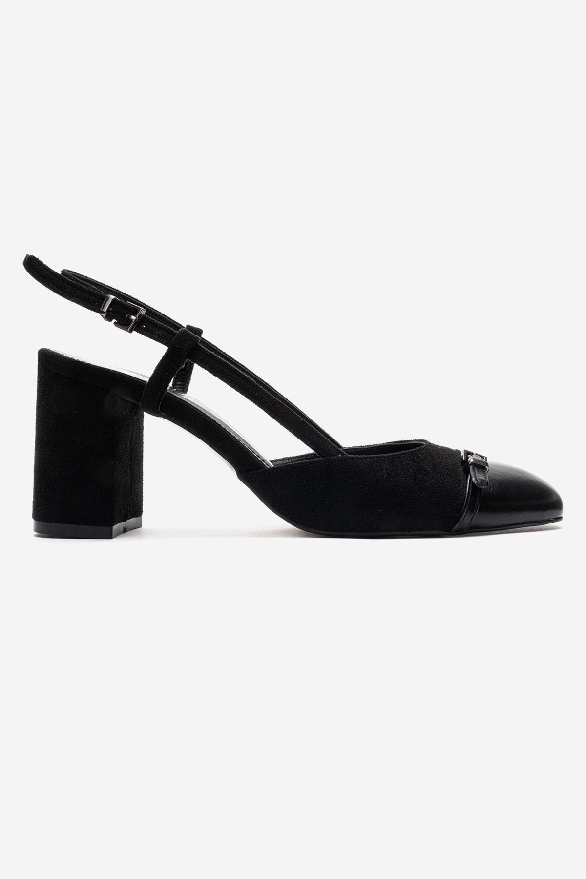 DESIA - Black Block Heel Shoe – heel view showing leather, suede, black, SimmiUnique