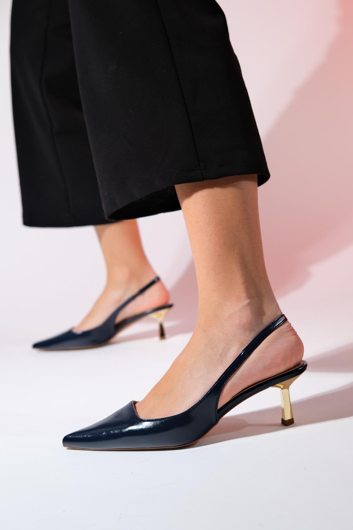 Marten - Navy Pointed Toe Backless Stiletto – side view showing leather, SimmiUnique