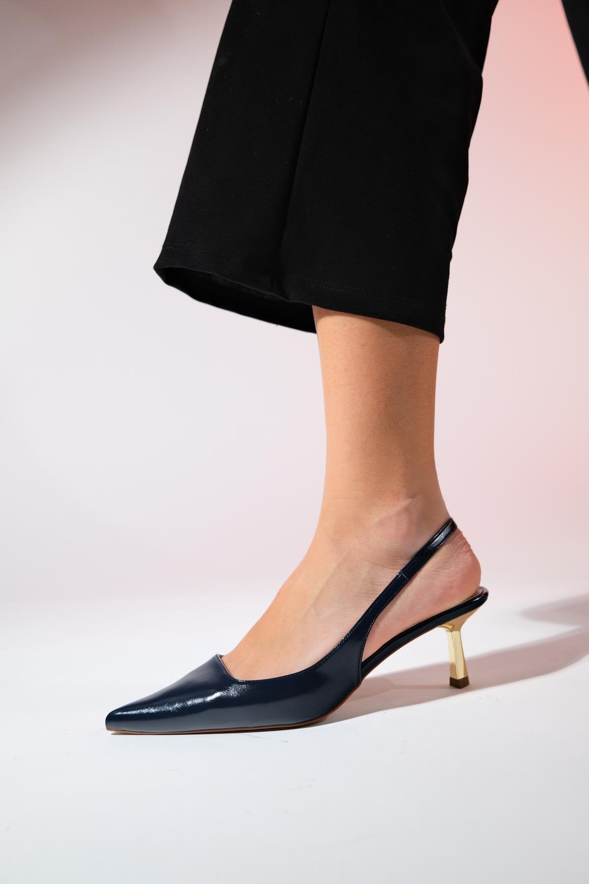 Marten - Navy Pointed Toe Backless Stiletto – heel view showing leather, SimmiUnique