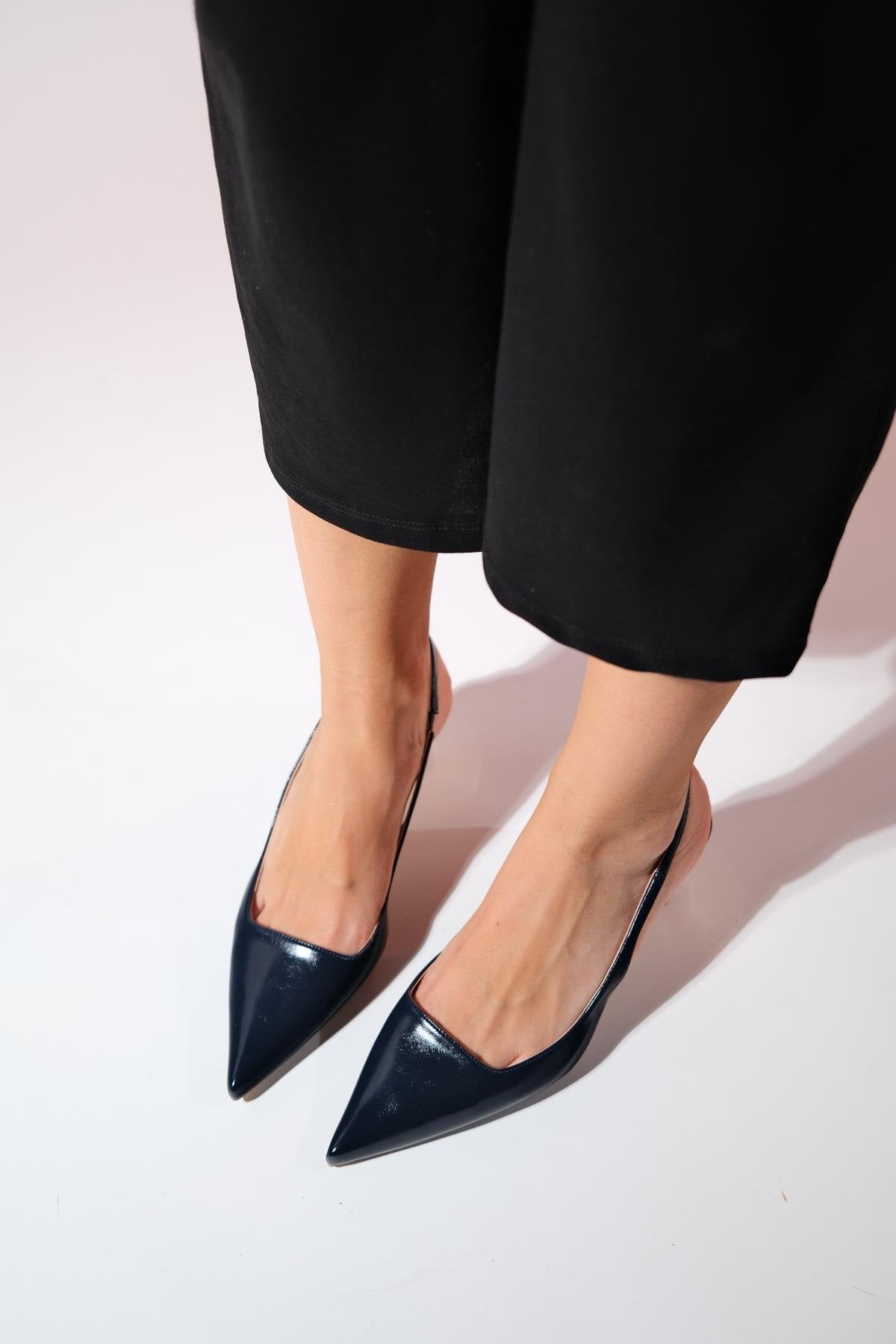 Marten - Navy Pointed Toe Backless Stiletto – back view showing leather, SimmiUnique