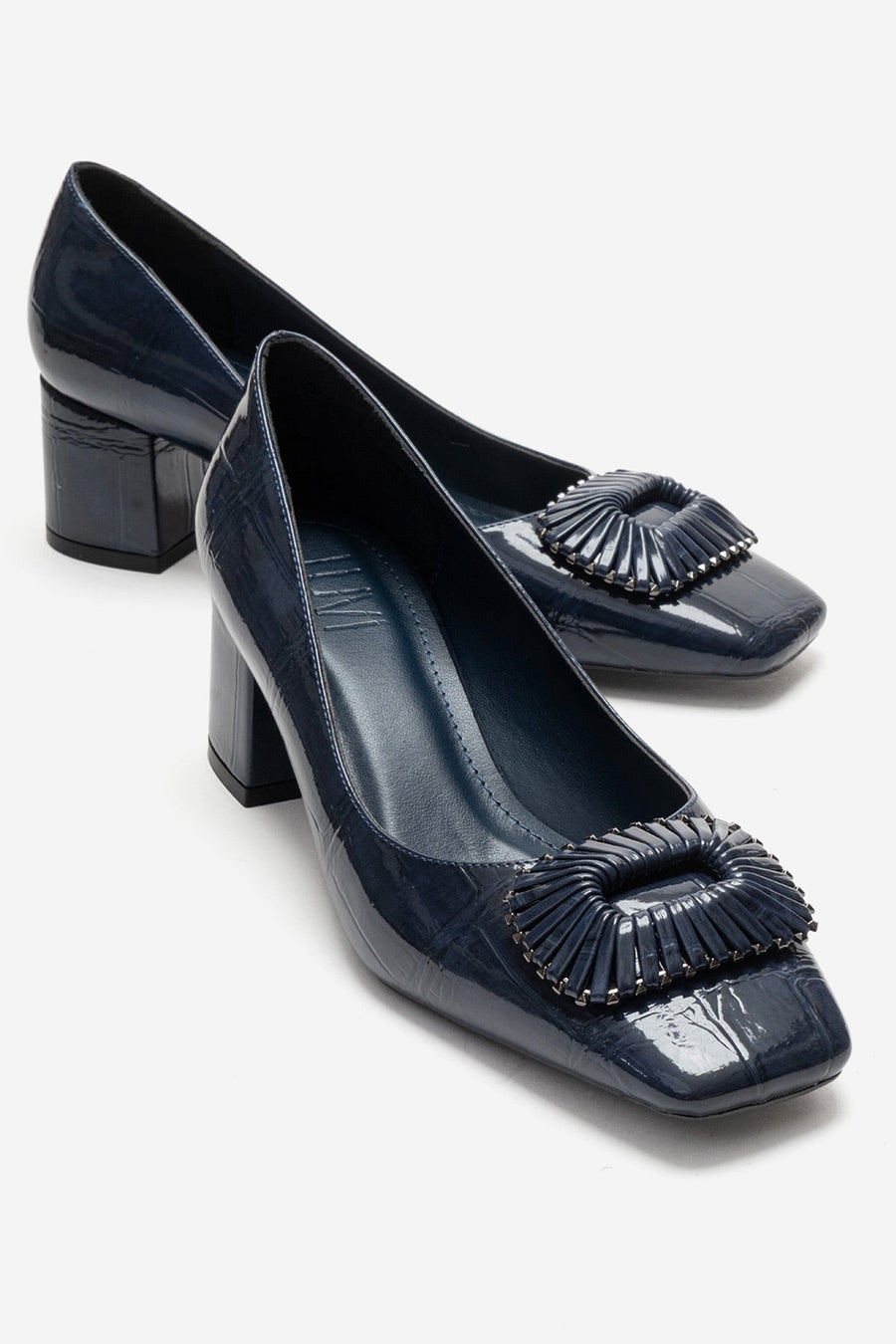 VELORA - Navy Buckled Block Heel Shoe