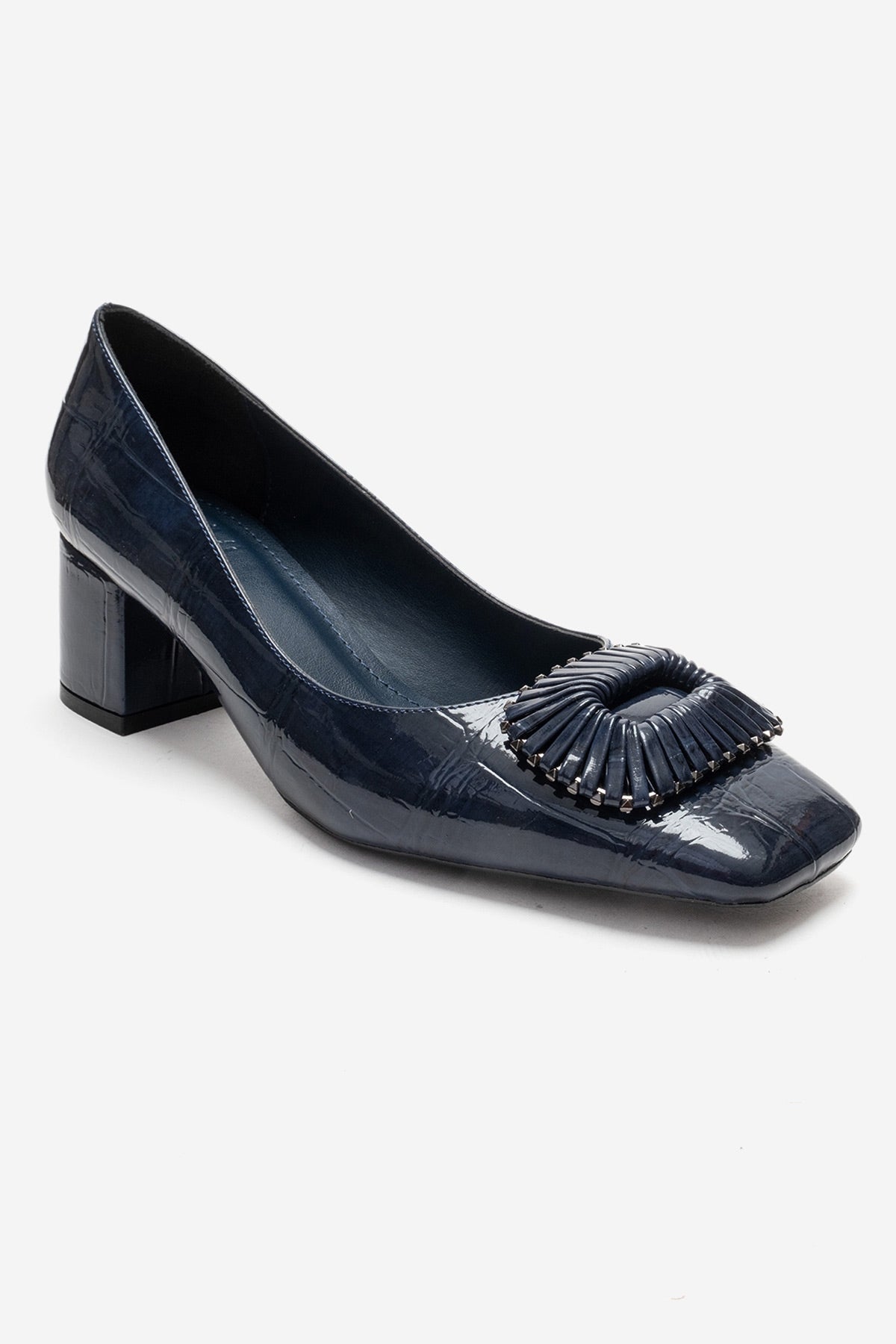 VELORA - Navy Buckled Block Heel Shoe – detail view showing leather, SimmiUnique