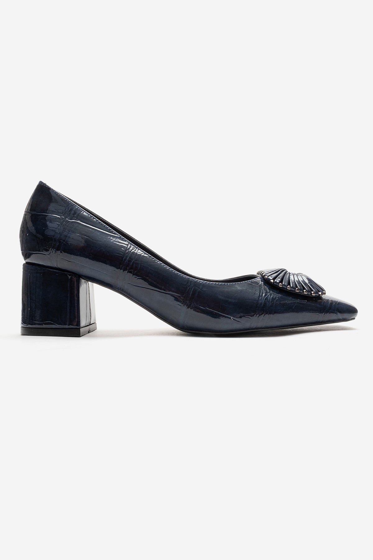 VELORA - Navy Buckled Block Heel Shoe – heel view showing leather, SimmiUnique