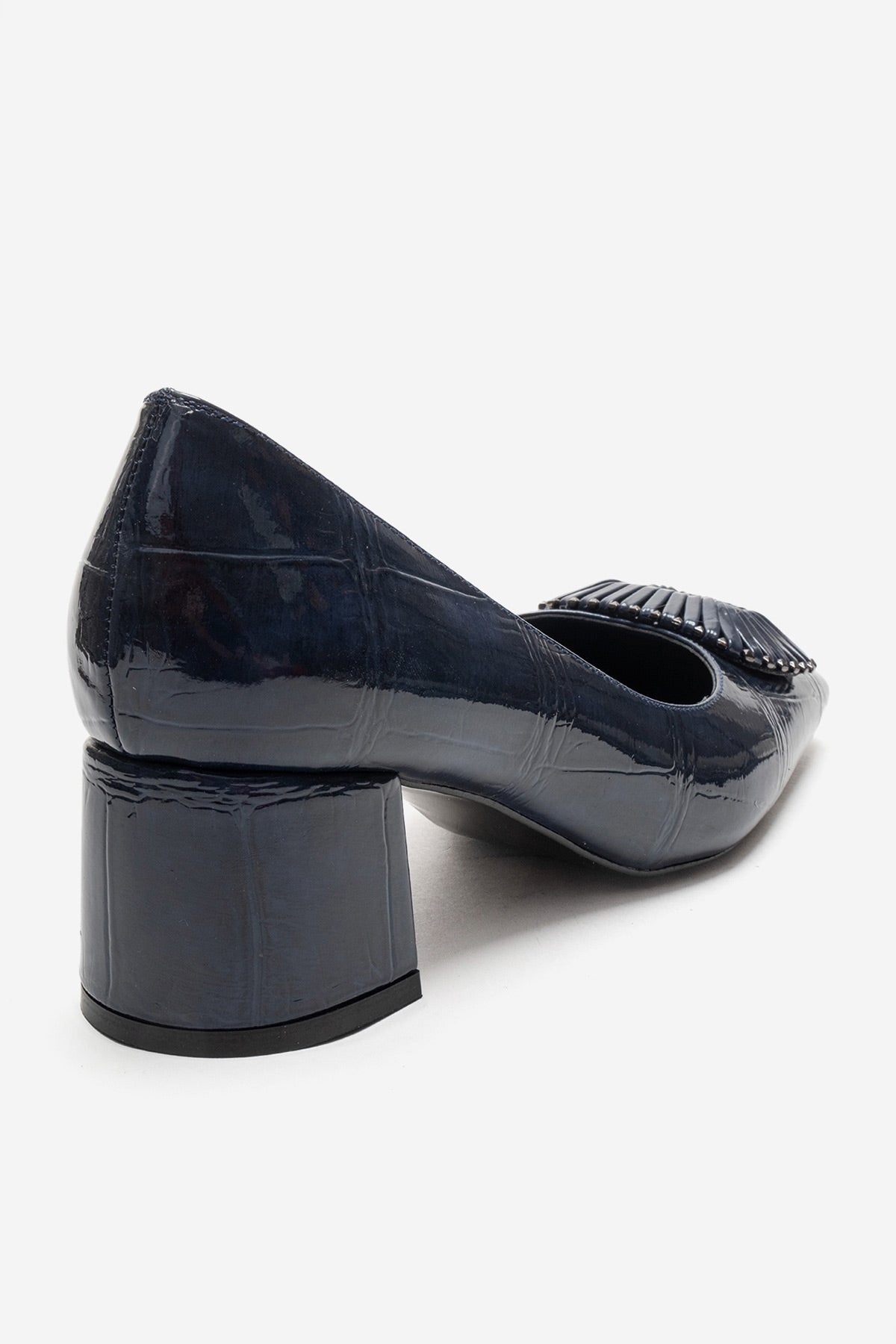 VELORA - Navy Buckled Block Heel Shoe – back view showing leather, SimmiUnique