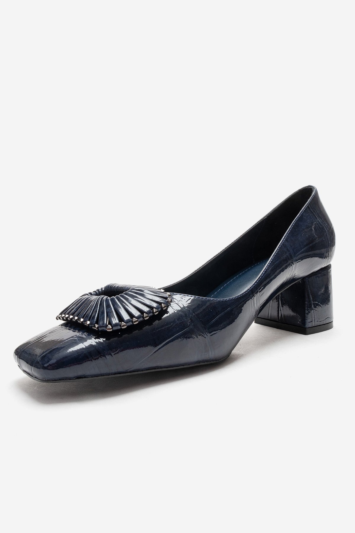 VELORA - Navy Buckled Block Heel Shoe – top view showing leather, SimmiUnique