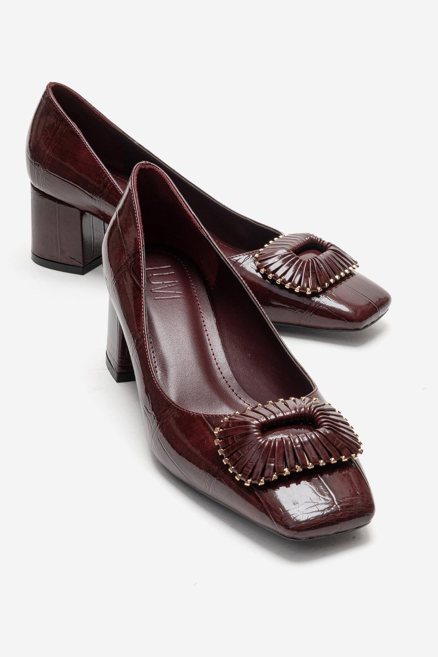 VELORA - Burgundy Buckled Block Heel Shoe
