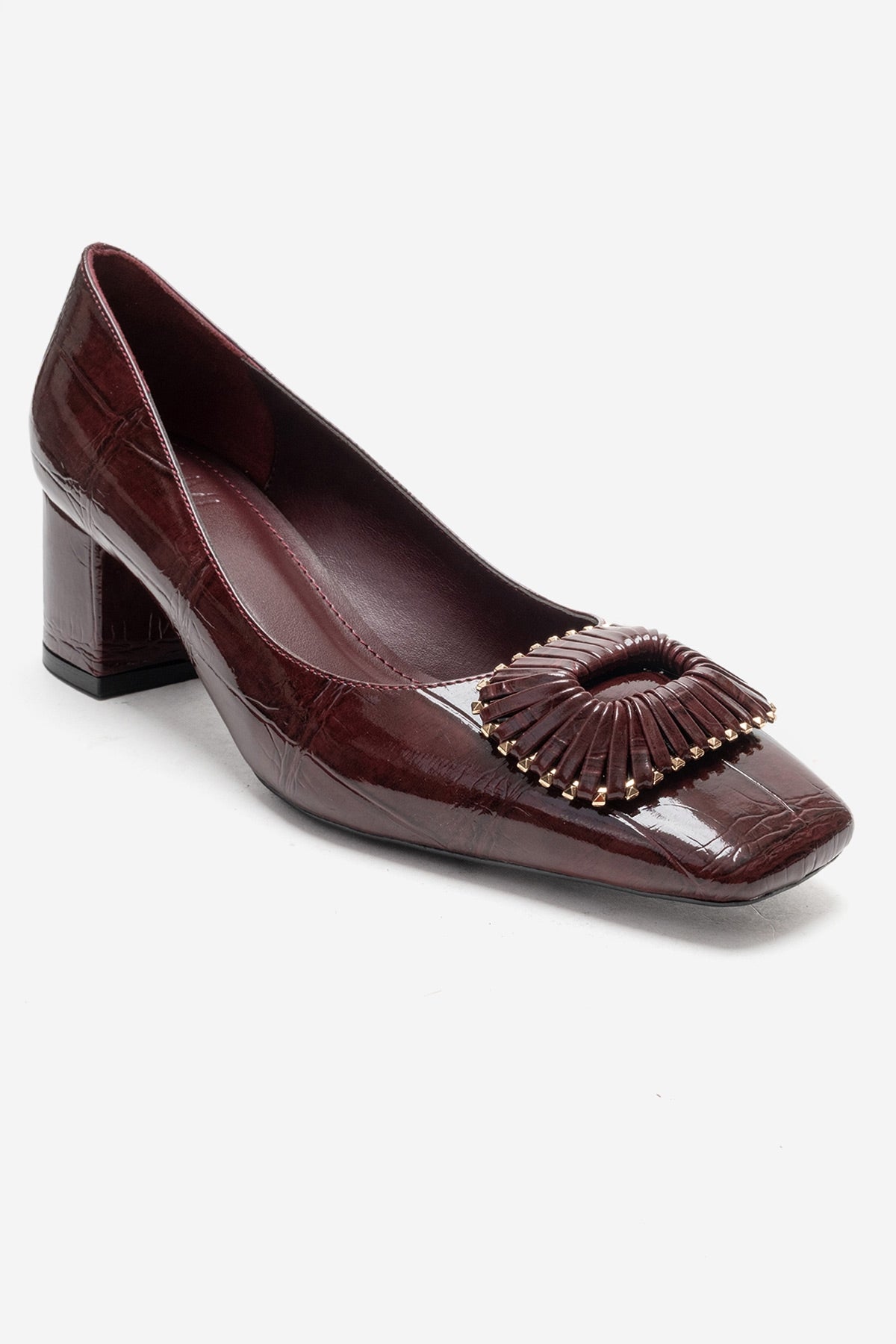 VELORA - Burgundy Buckled Block Heel Shoe – detail view showing leather, SimmiUnique