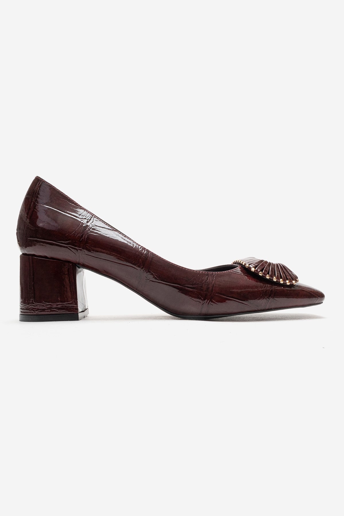 VELORA - Burgundy Buckled Block Heel Shoe – heel view showing leather, SimmiUnique
