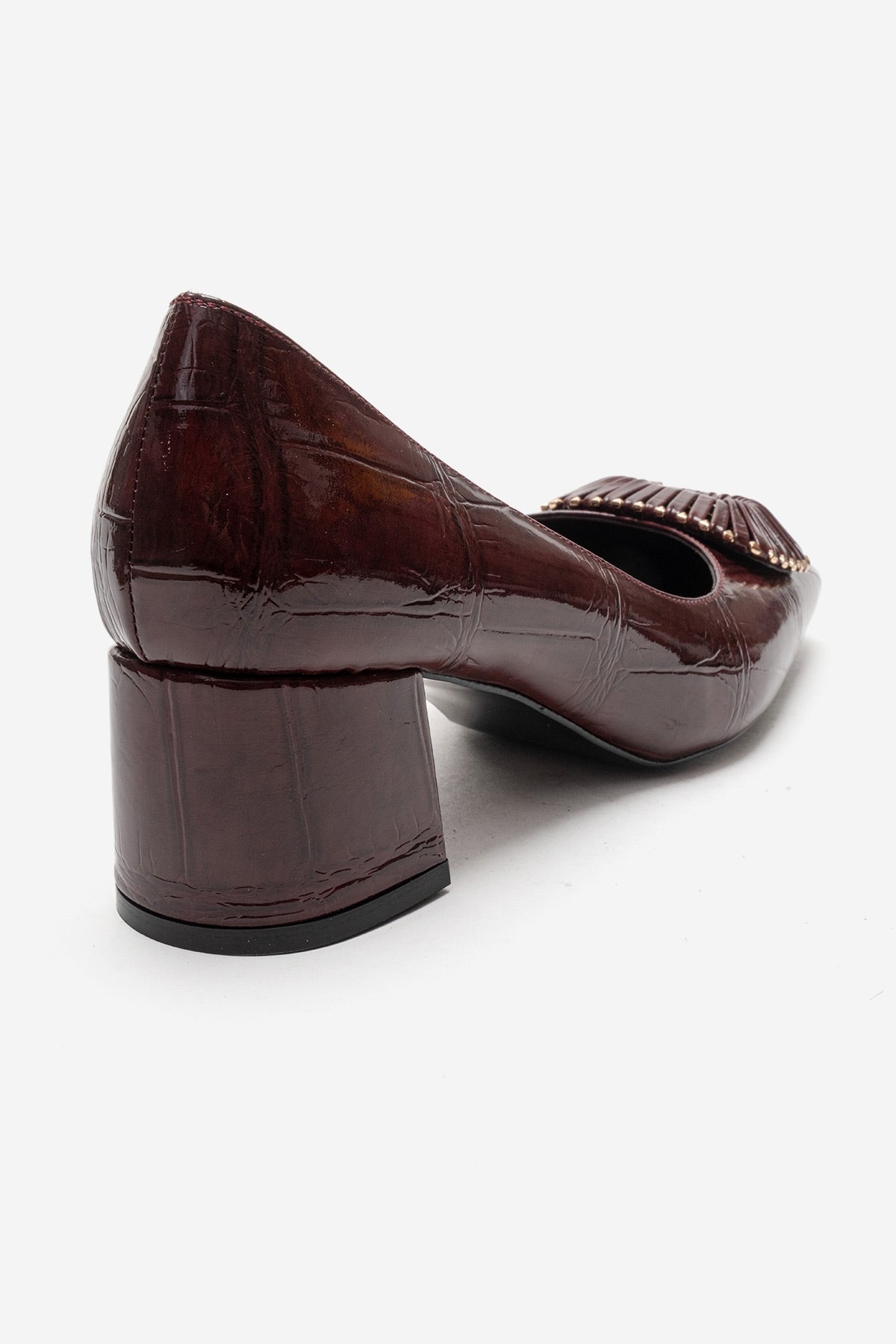 VELORA - Burgundy Buckled Block Heel Shoe – back view showing leather, SimmiUnique