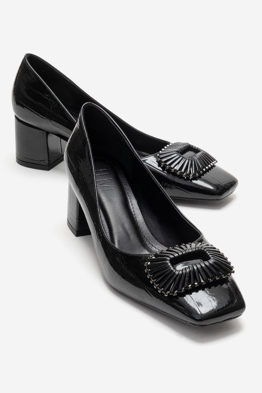 VELORA - Black Buckled Block Heel Shoe