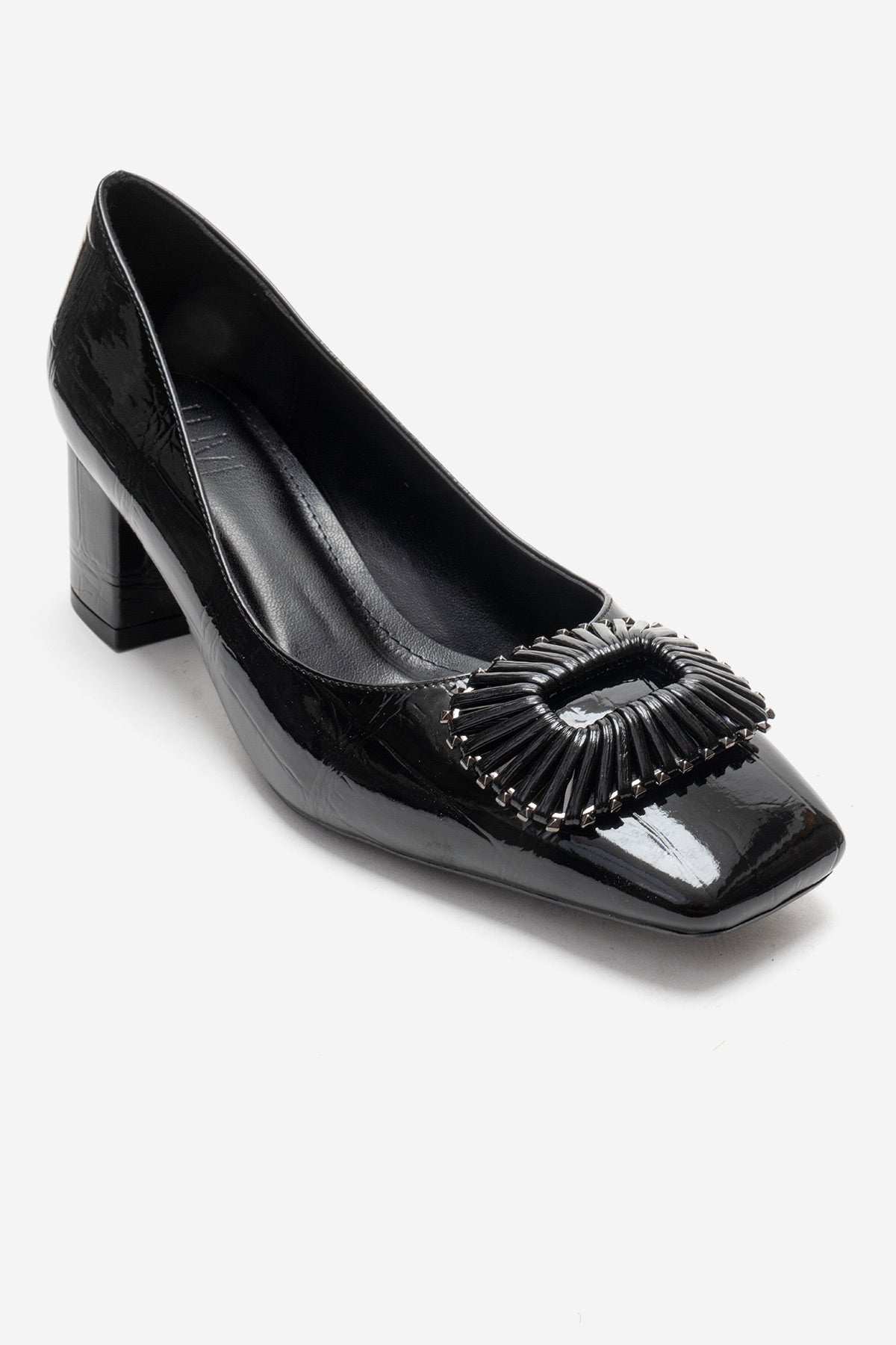 VELORA - Black Buckled Block Heel Shoe – detail view showing leather, black, SimmiUnique