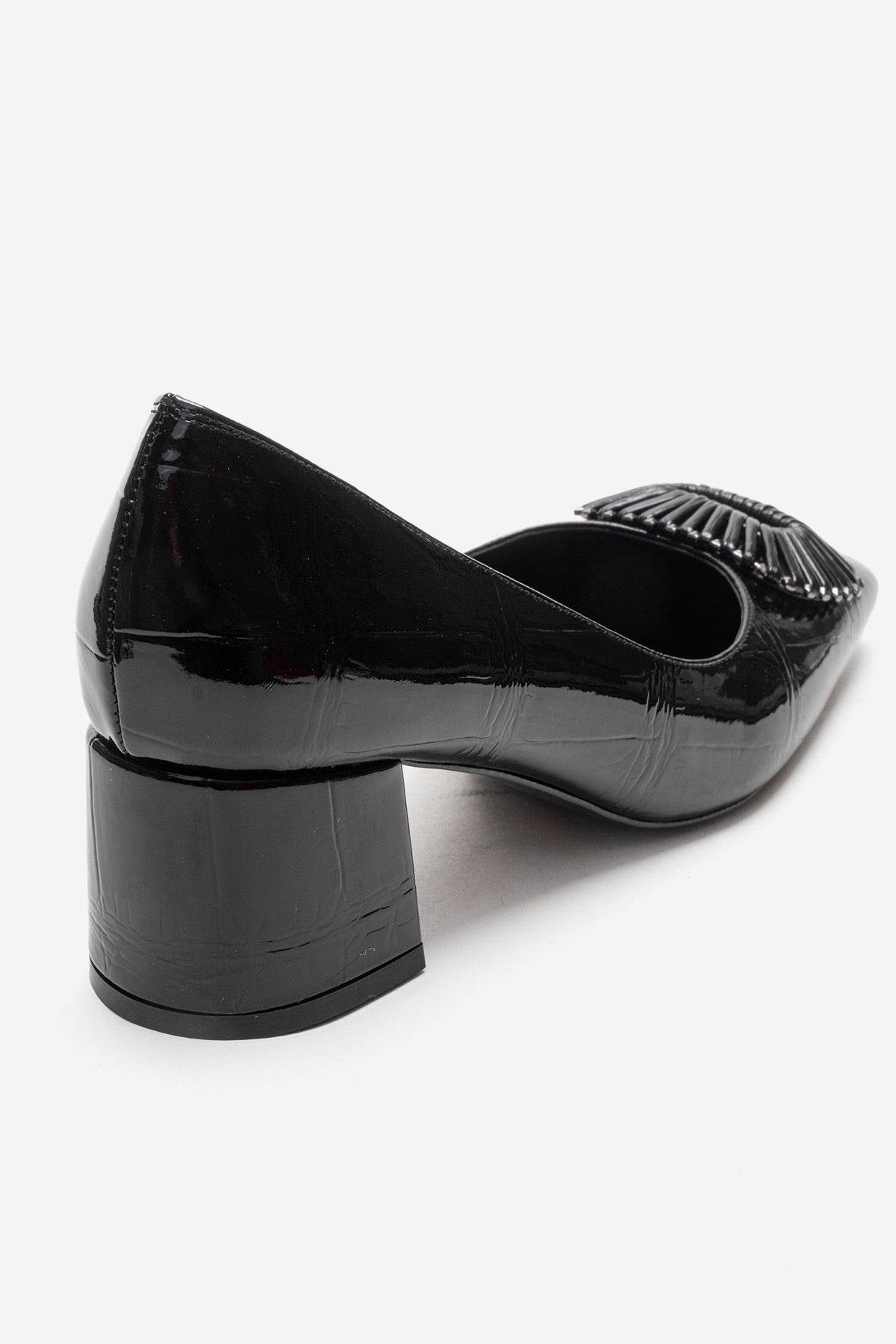 VELORA - Black Buckled Block Heel Shoe – back view showing leather, black, SimmiUnique
