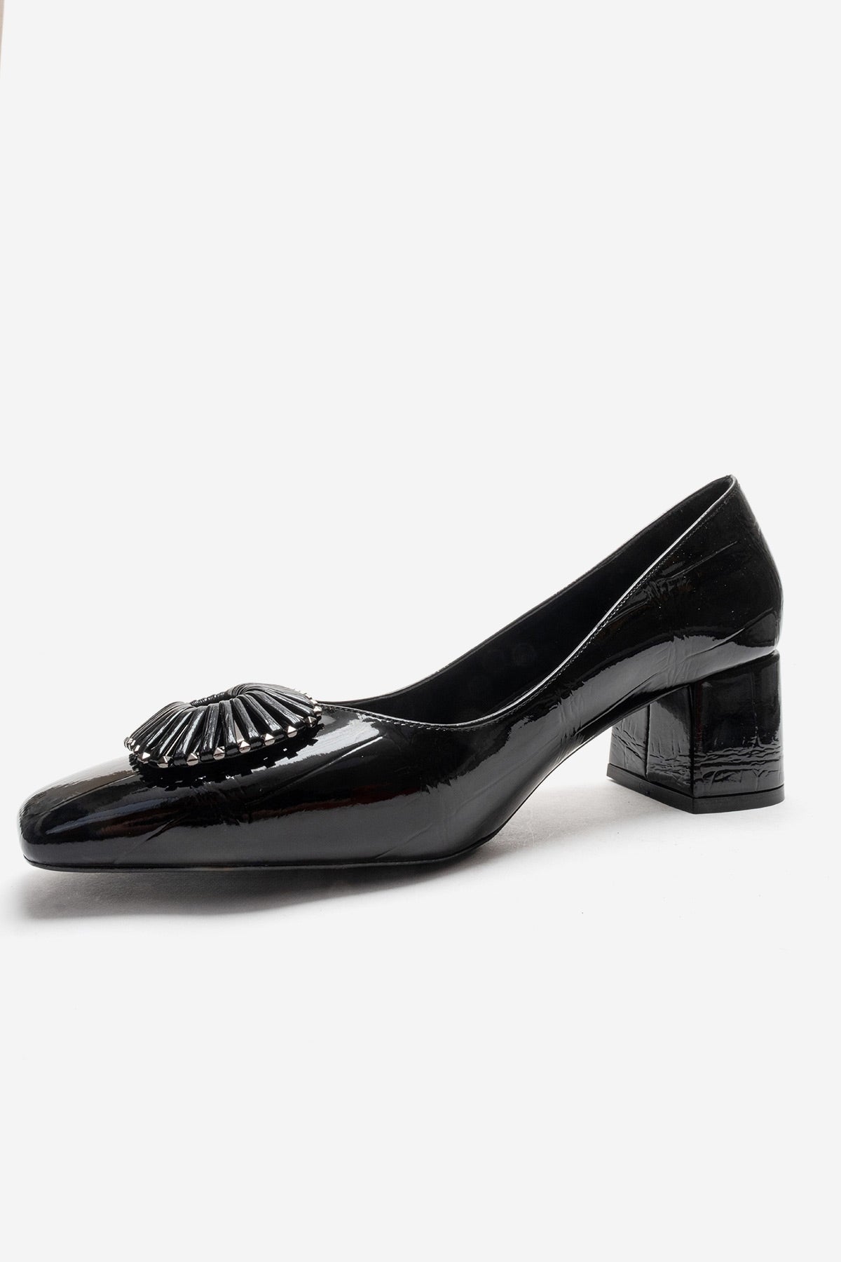 VELORA - Black Buckled Block Heel Shoe – top view showing leather, black, SimmiUnique
