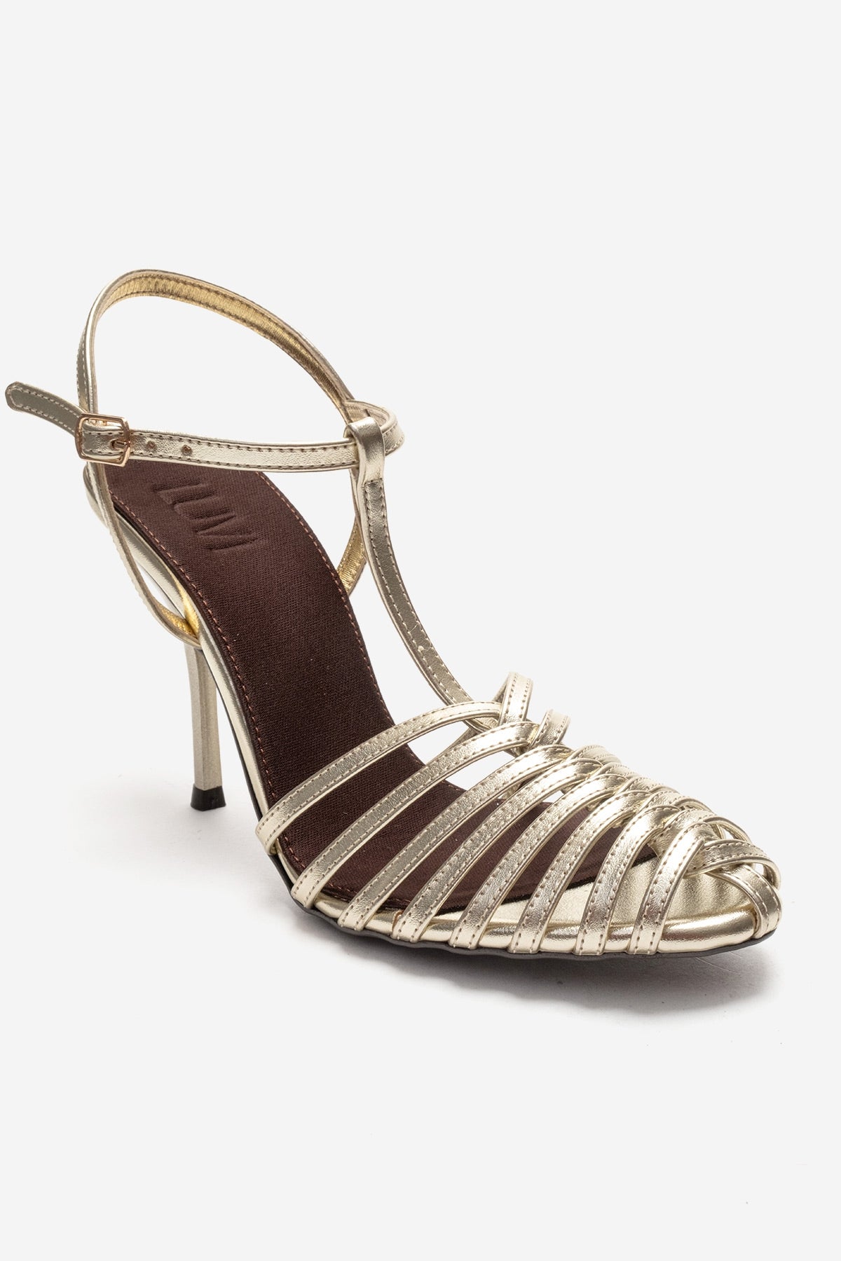 PASION - Gold Stiletto Pump – detail view showing leather, metallic, gold, SimmiUnique