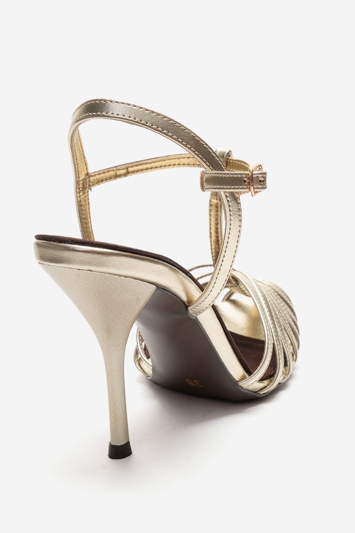 PASION - Gold Stiletto Pump – back view showing leather, metallic, gold, SimmiUnique