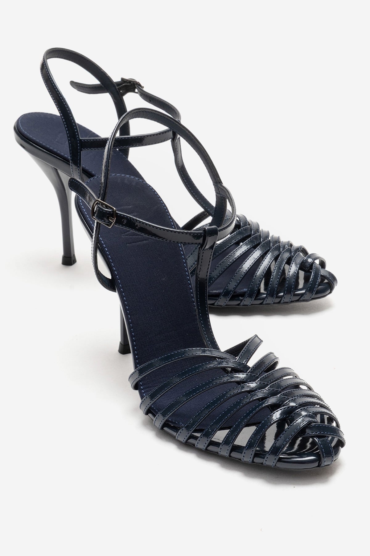PASION - Navy Stiletto Pump – front three-quarter view showing leather, SimmiUnique
