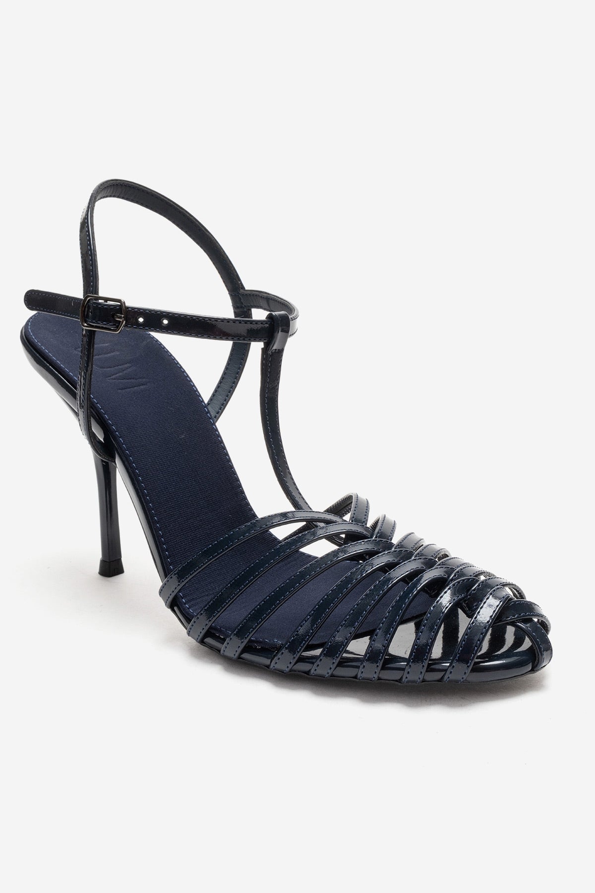 PASION - Navy Stiletto Pump – detail view showing leather, SimmiUnique