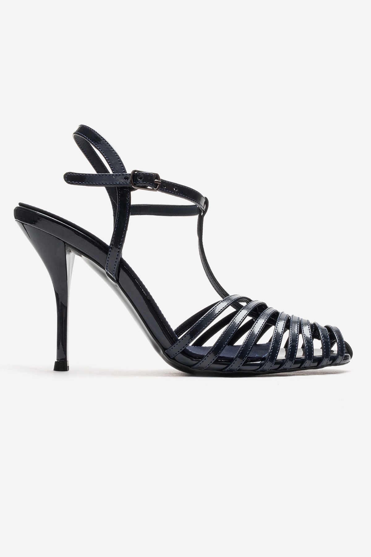 PASION - Navy Stiletto Pump – heel view showing leather, SimmiUnique