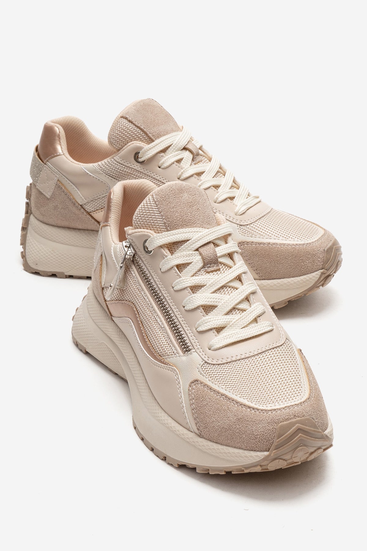 ROCCA - Beige Zip-Detail Genuine Leather Sneaker – front three-quarter view showing leather, SimmiUnique