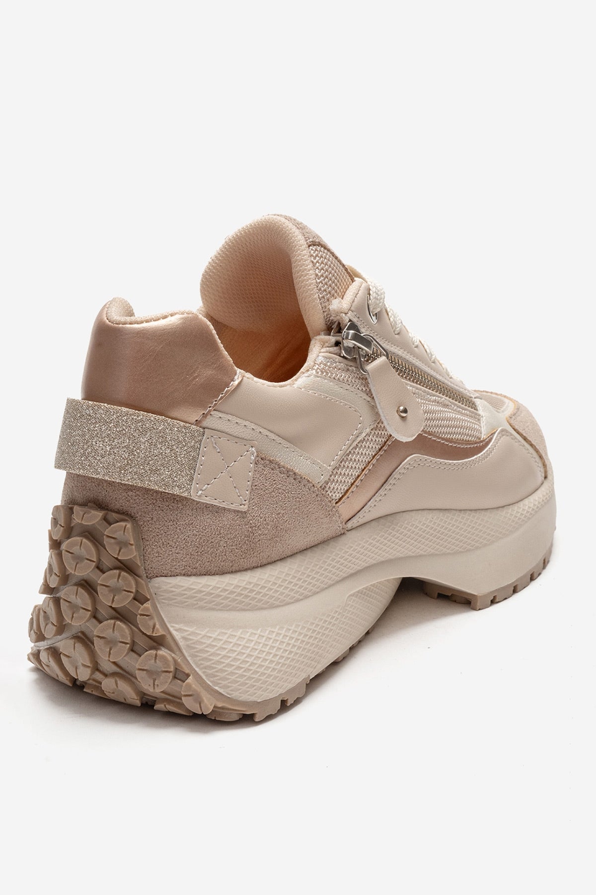 ROCCA - Beige Zip-Detail Genuine Leather Sneaker – back view showing leather, SimmiUnique