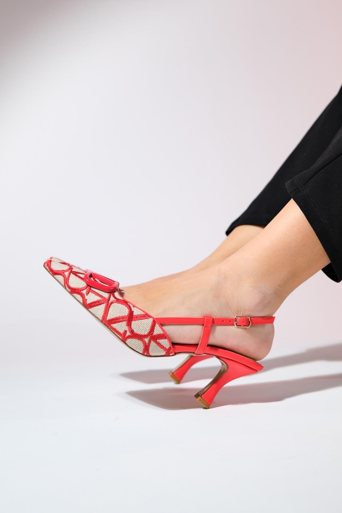 Boiro - Red Slingback Heeled Shoe – heel view showing leather, red, SimmiUnique