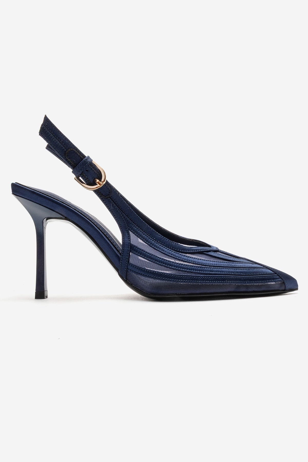 FAUNA - Navy Stiletto Pump – heel view showing red, SimmiUnique