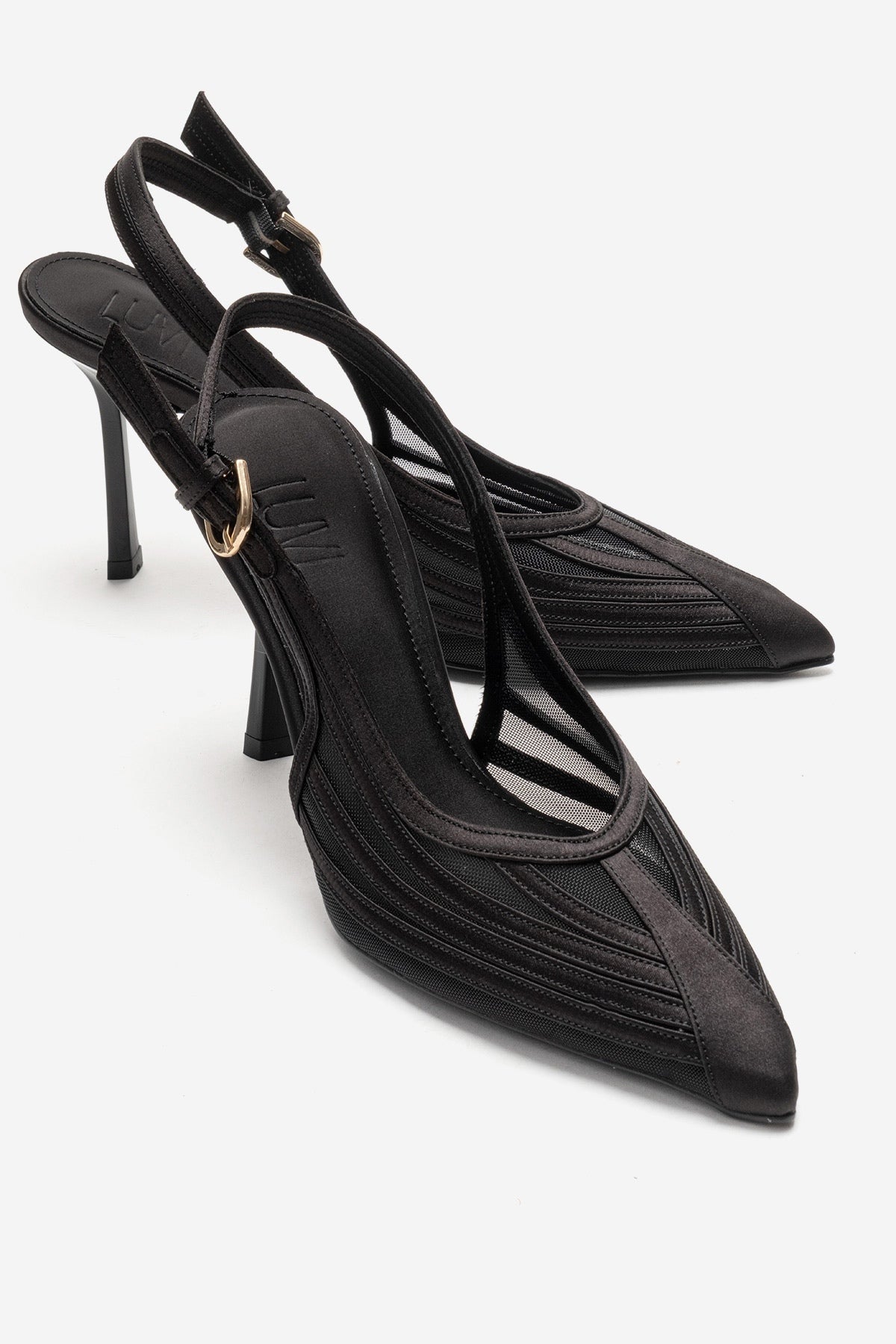 FAUNA - Black Satin Stiletto Pump – front three-quarter view showing satin, black, red, SimmiUnique