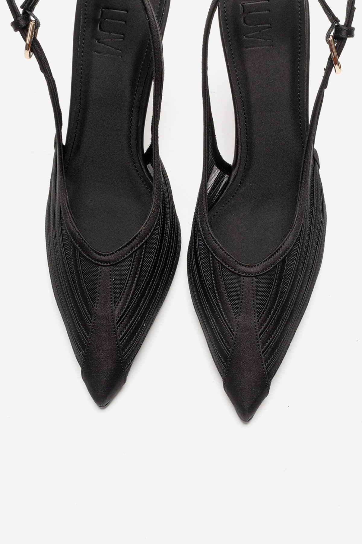 FAUNA - Black Satin Stiletto Pump – side view showing satin, black, red, SimmiUnique