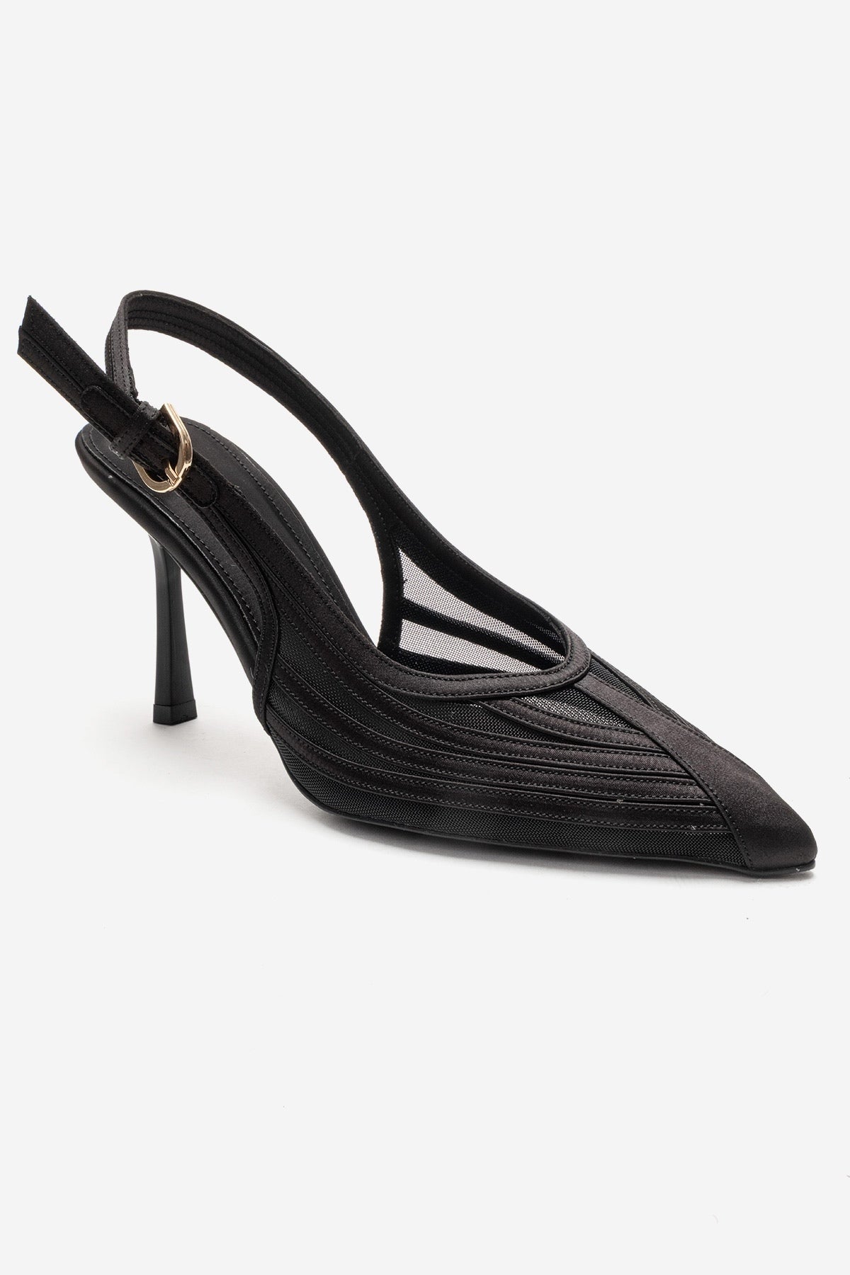 FAUNA - Black Satin Stiletto Pump – detail view showing satin, black, red, SimmiUnique