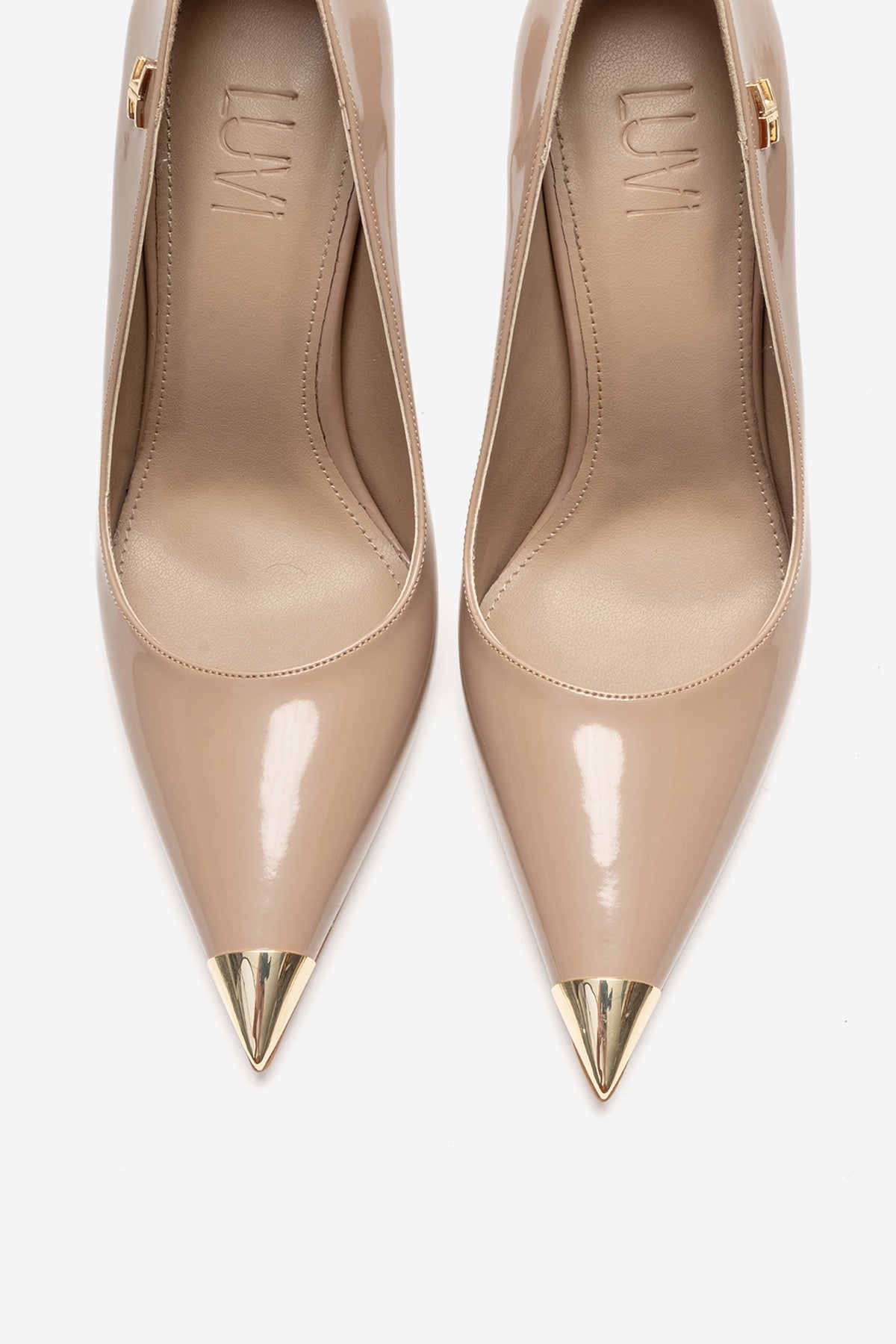 CARLAS - Beige Patent Stiletto Pump – side view showing leather, SimmiUnique