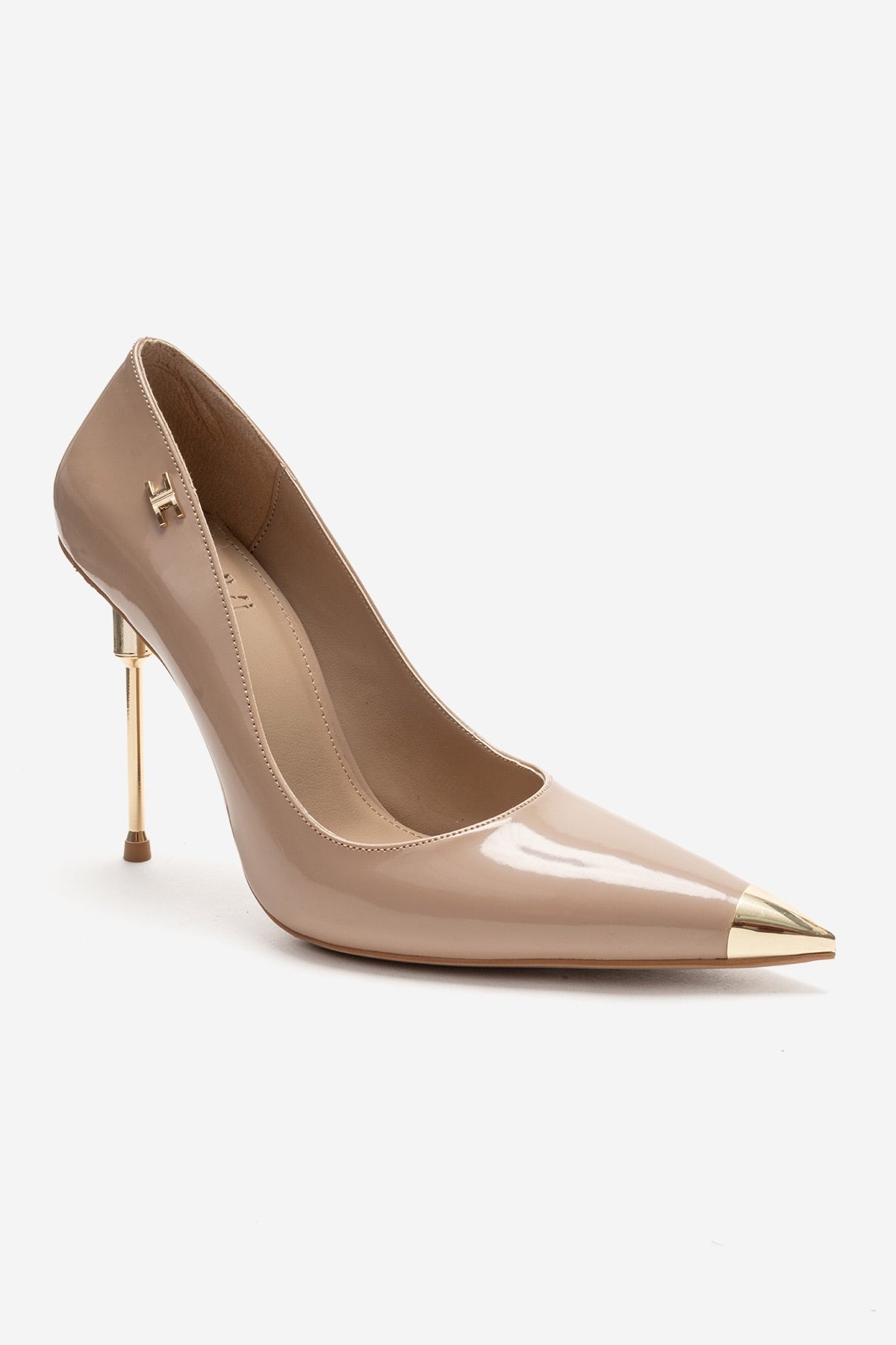 CARLAS - Beige Patent Stiletto Pump – detail view showing leather, SimmiUnique
