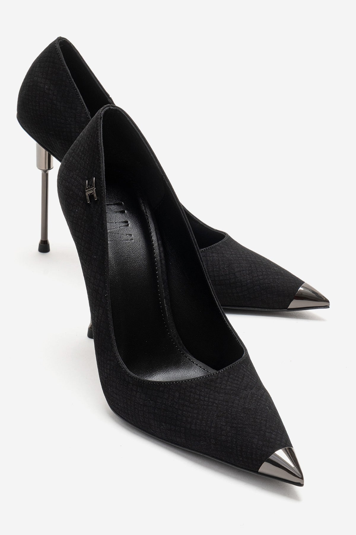 CARLAS - Black Patterned Stiletto Pump – front three-quarter view showing leather, black, SimmiUnique