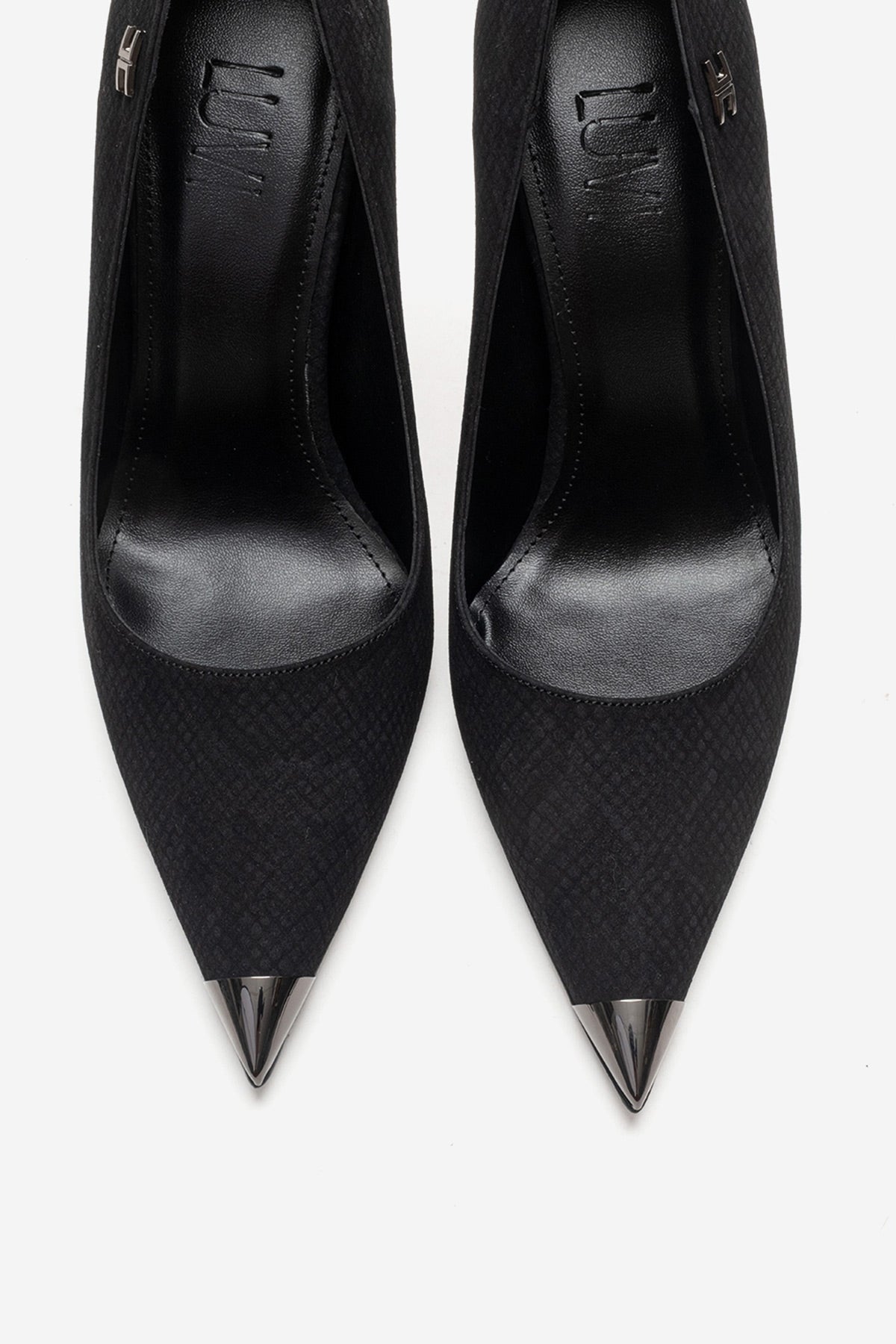 CARLAS - Black Patterned Stiletto Pump – side view showing leather, black, SimmiUnique