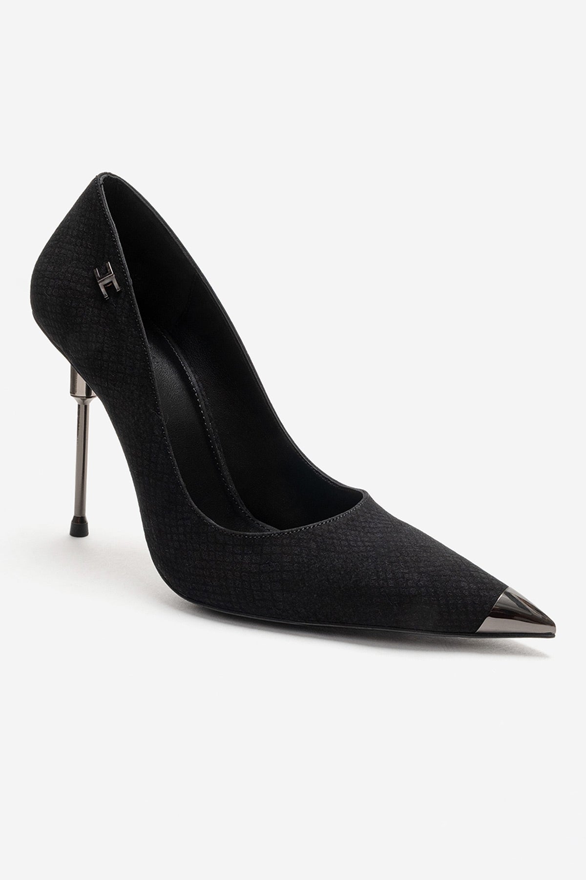 CARLAS - Black Patterned Stiletto Pump – detail view showing leather, black, SimmiUnique