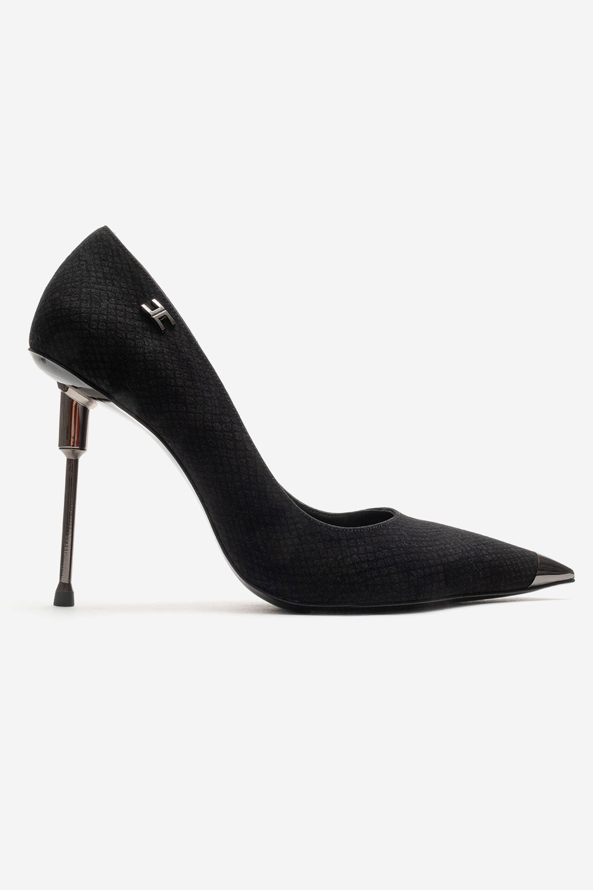 CARLAS - Black Patterned Stiletto Pump – heel view showing leather, black, SimmiUnique