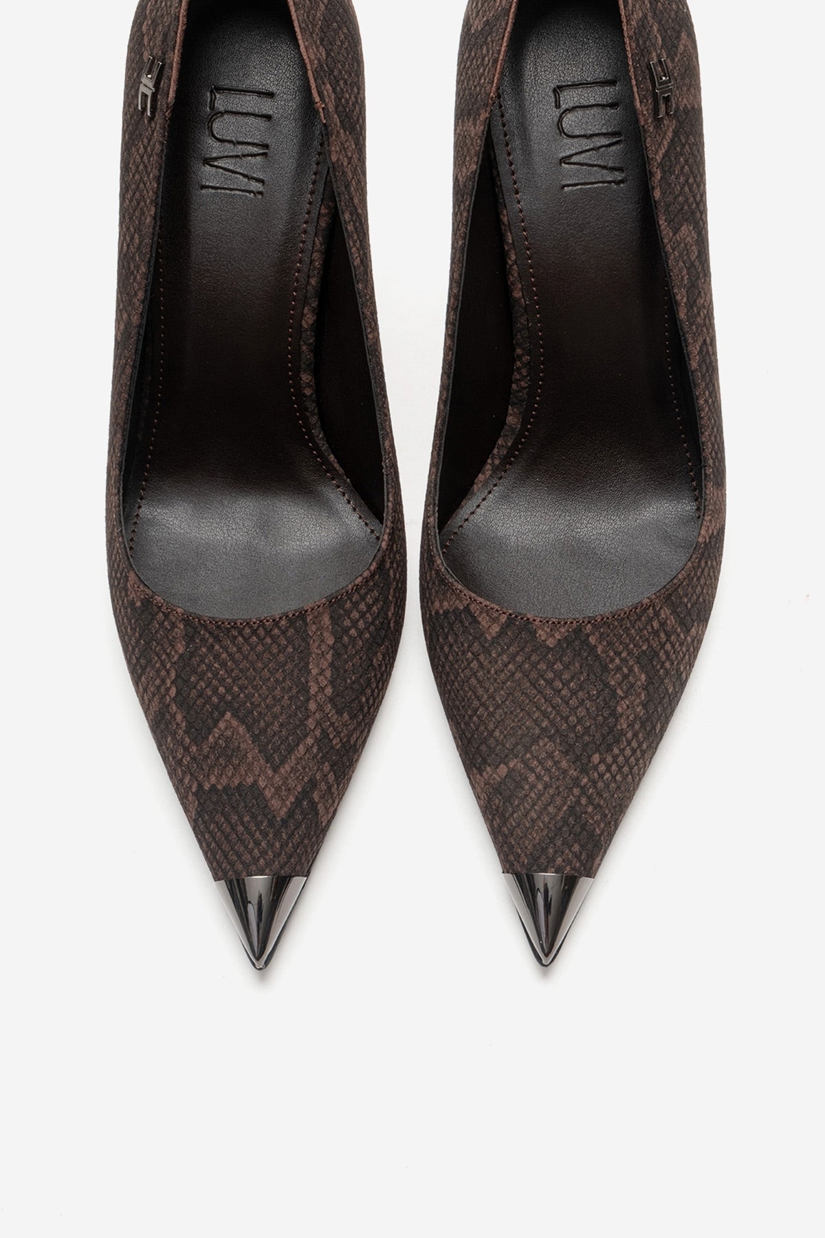 CARLAS - Brown Patterned Stiletto Pump – side view showing leather, red, SimmiUnique