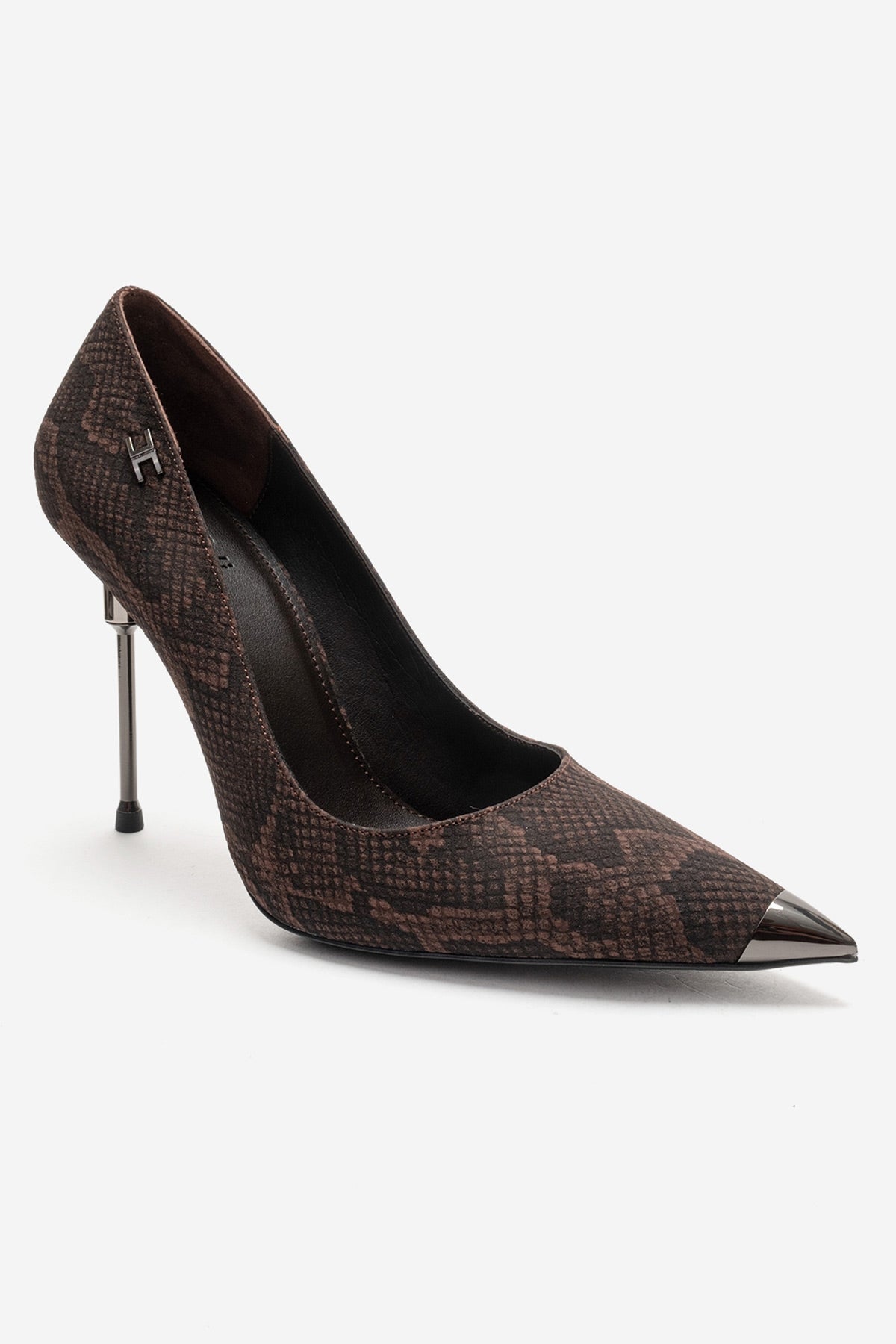 CARLAS - Brown Patterned Stiletto Pump – detail view showing leather, red, SimmiUnique