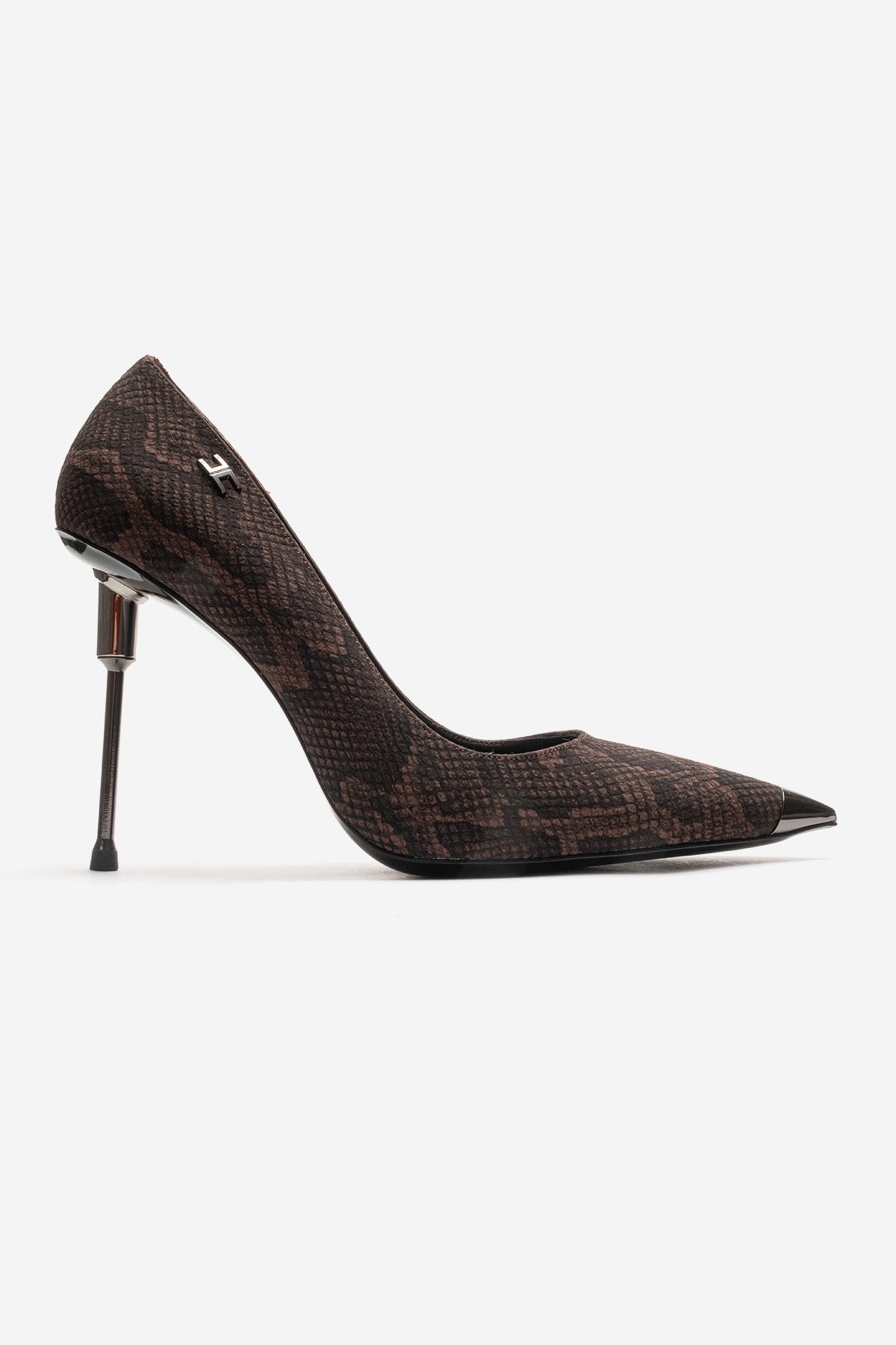 CARLAS - Brown Patterned Stiletto Pump – heel view showing leather, red, SimmiUnique