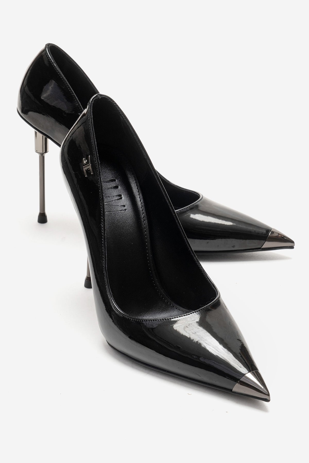 CARLAS - Black Patent Stiletto Pump – front three-quarter view showing leather, black, SimmiUnique