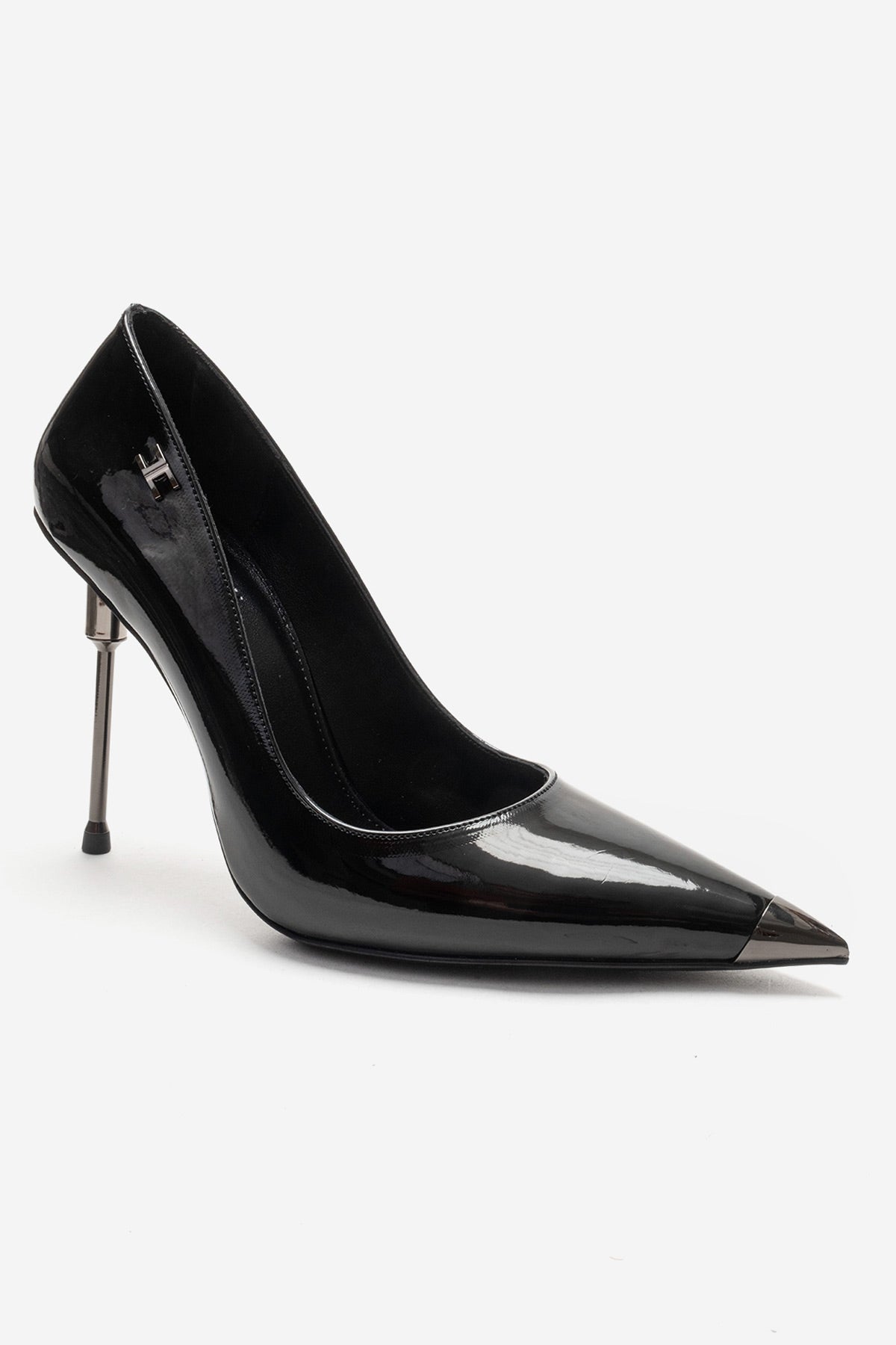 CARLAS - Black Patent Stiletto Pump – detail view showing leather, black, SimmiUnique